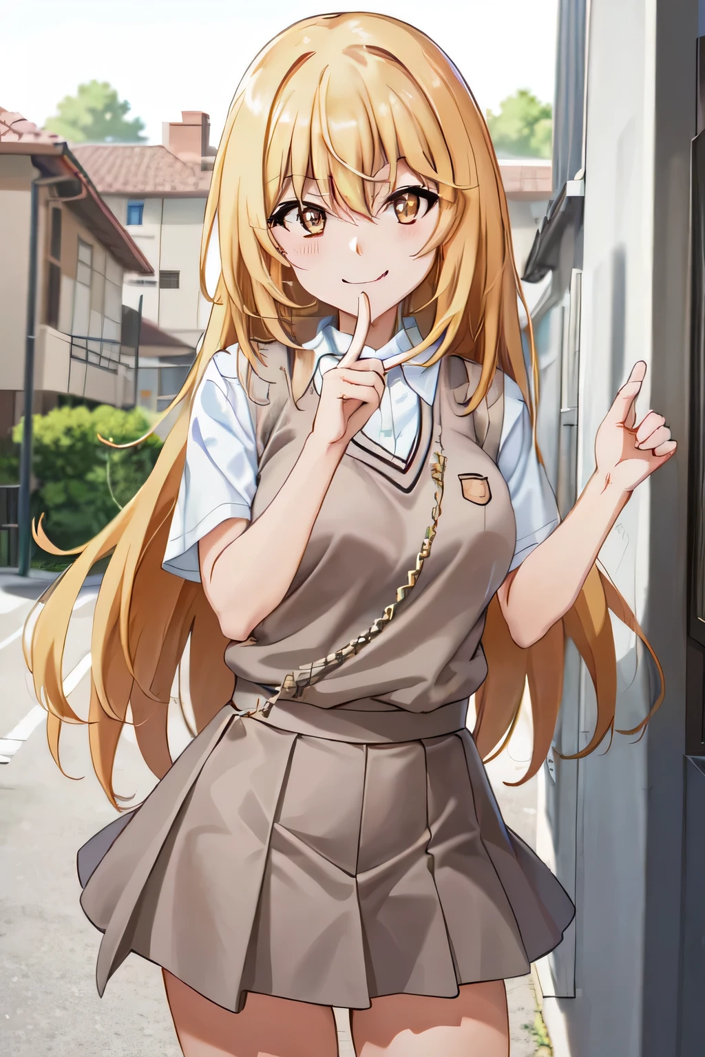 pov cowboy shoot, shokuhou_misaki, tokiwadai school uniform, sparking eyes, mischievous smile to viewer, finger to viewer, park, (extremely detailed, masterpiece, high resolution, absurdres,4K)