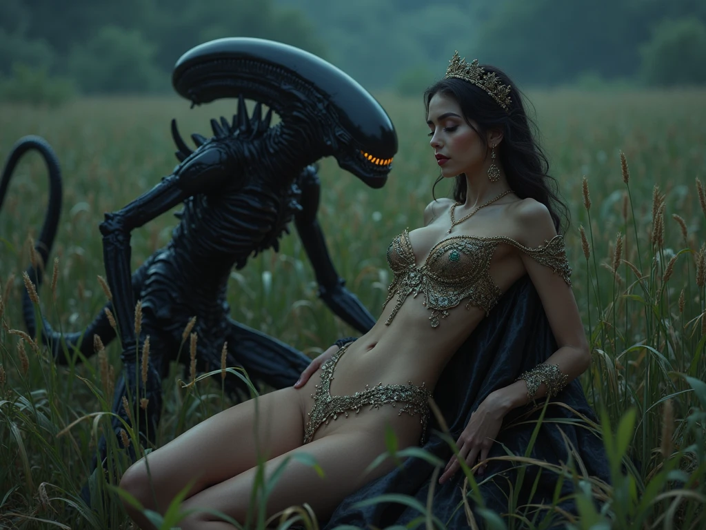 full length, an absolutely naked young mexican girl hugging a humanoid alien from another planet against the backdrop of an alien spaceship, ultra-high-quality detailing