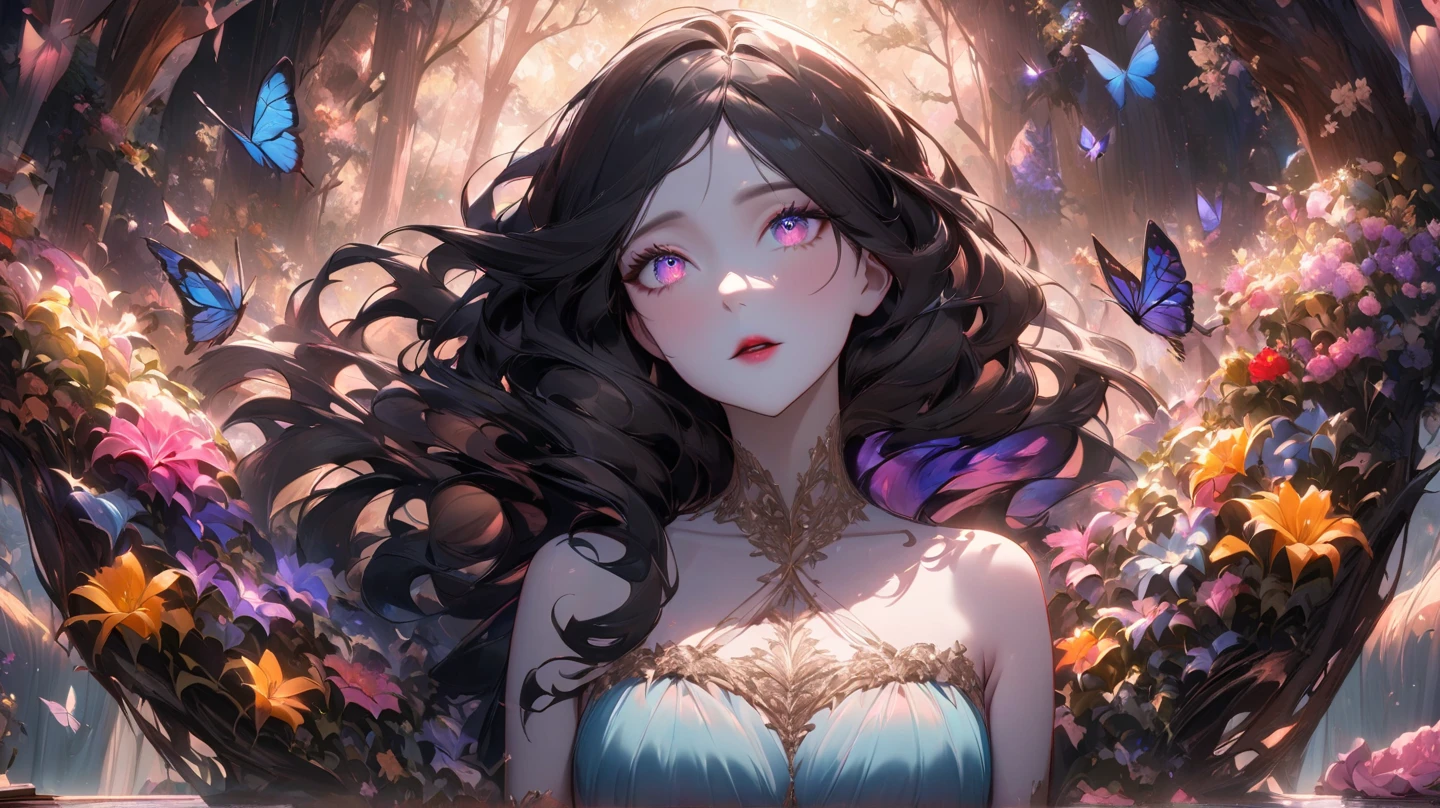 ((masterpiece)), one girl, HDR, Hi Res, a mage engulfed in purple flames with long black hair and purple eyes, red lipstick, perfect face, perfect arms, perfect hands