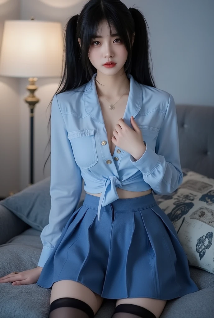 absurdres, RAW photo, extremely delicate and beautiful, masterpiece, Best Quality, ultra high resolution, 32k, hyperrealistic, ultra-detailed, ((perfect anatomy)), perfect figure, super Detailed skin, 20 years old, very Slim body, narrow waist, very small head, very small face, delicate facial features, tearful mole, earring, thin legs, ((very huge round breasts)), (((full body shot))), ((alone)), short medium hair, ((wavy hair)), ((blue police uniform, dress shirt, short skirt,)),