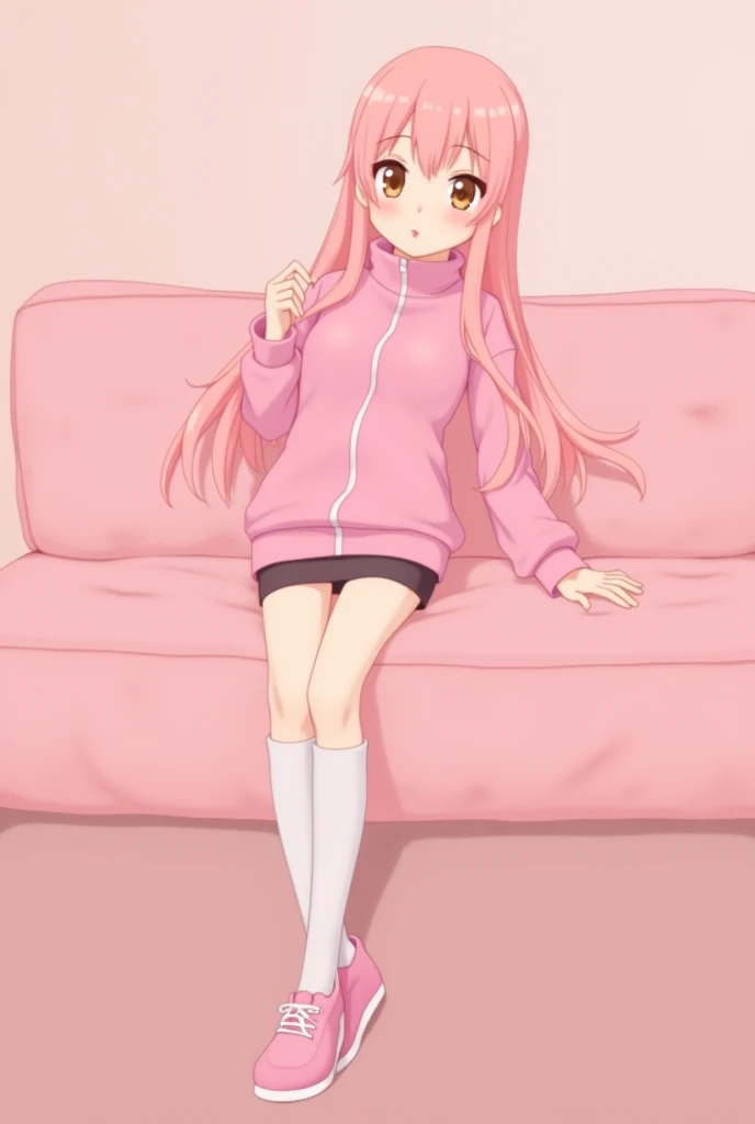 ((Best Quality)), ((Masterpiece)), (detailed), 1 girl, pajamas, pink hooded sweater, White socks, Pastel yellow hair, long hair, hair covers one eye, purple eyes, tight black shorts, big breasts, big thighs, expression smiling shy, background in a living room sitting on a sofa