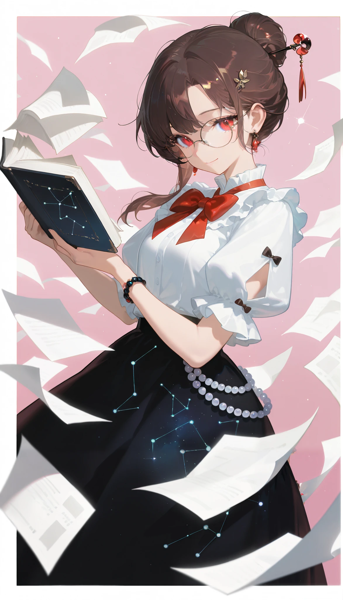 masterpiece, best quality, good quality, very awa, newest, highres, absurdres, 1girl, solo, looking at viewer, smile, shirt, skirt, brown hair, hair ornament, red eyes, holding, bow, closed mouth, white shirt, short sleeves, earrings, frills, glasses, puffy sleeves, bowtie, black skirt, hair bun, red bow, bracelet, puffy short sleeves, book, pink background, single hair bun, white border, red bowtie, holding book, beads, long skirt, paper, open book, hair stick, constellation, starry sky print, flying paper, limited palette, 