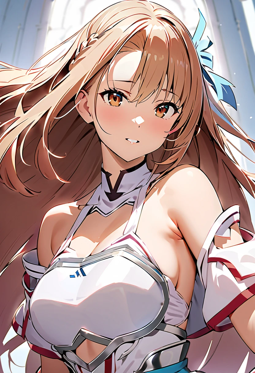 asuna from sword art online in a sexy outfit standing seductively her eyes shining with a smile on her face her hands to her sides ((best quality)), ((masterpiece)), (detailed), perfect face