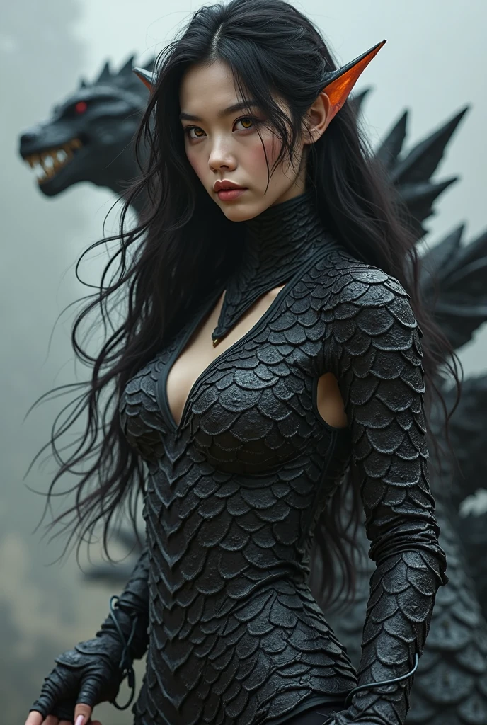 tall woman,princess,long black hair,not wearing clothes,There was a dragon wrapped around him.,covering her genitals,Fantasy,Sharp picture
