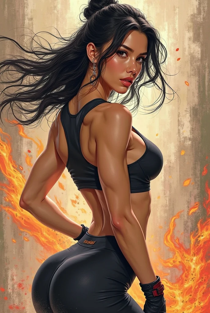 One Woman, masutepiece, of the highest quality, posterior view, Queen of the Grey Elves, bikini of, central, Belt bag, Peach Boots, viewer, Face, Portrait, Glowing eyes, Green smoke, Ass, Black background, Raised breasts, Bare skin, facial expression of smile, devil's figure, Docking screen, Muscle Girl, Krautin Gregg Open, Lower body