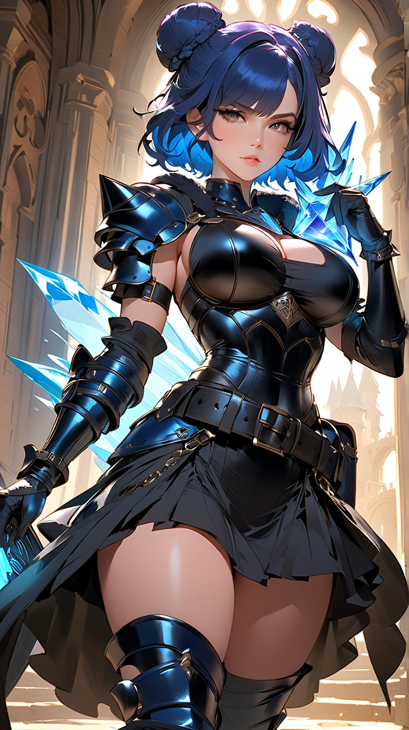 16K, HDR, UHD, ray tracing, absurdres, high res, best quality, masterpiece, depth of field, enormous scale, best quality, masterpiece, award winning, official art, (1girl:1.2), solo, ((beautiful face)), heroic, sexy outfit, glowing detailed eyes, big boobs, cleavage, highly detailed beautiful face, tattoos, glowing, ready for boss fight, trending on art station, dark fantasy, dark sky, massive proportions, mountains, storm, epic proportions, fantastical, dark magical fantasy, landscape