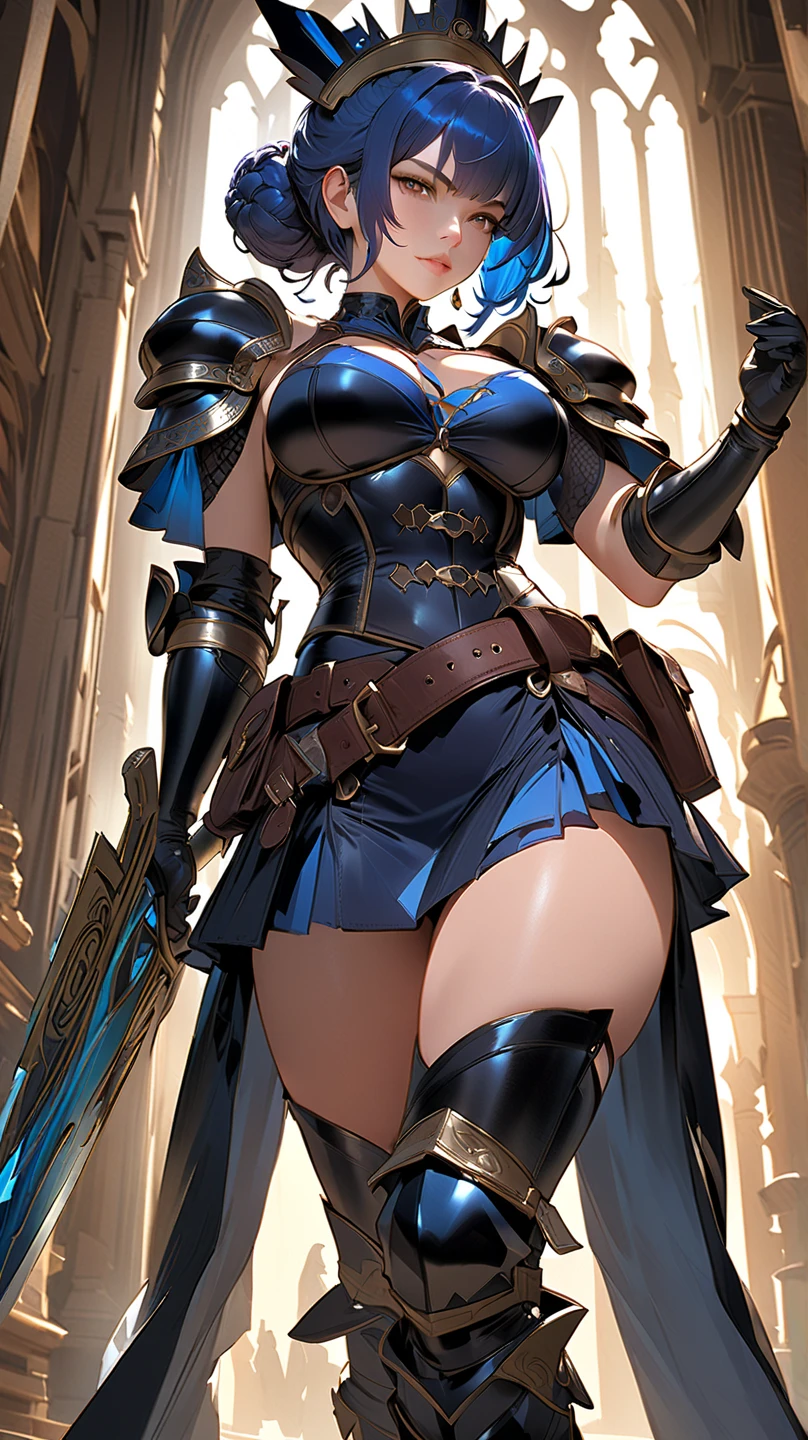 ((masterpiece)), ((high quality)), ((super detailed)), ((high resolution)) ,((8k)), a beautiful woman, ((She is one of the most famous female Thief)), unparalleled beauty, ((huge breast)), ((large ass)), ((deep cleavage)), slim waist, chest out, ultra detailed face, perfect skin, (((Blonde hair in a side ponytail))), Green eyes, detailed eyes, whole body image, (((anime))), ((glamorous)), 21 years old, ((incredibly beautiful woman)), ((The G cup bust)), ((((Light Armor, Light clothing)))), ((beautiful breasts)), beautiful legs, 8 life size, anime, the most beautiful, ((charm)), ((Grown-up face)), ((Perfect fingers)), ((Bewitching)), ((A young heroine)), ((((from below)))), ((Inside the dungeon, Adventurer)),