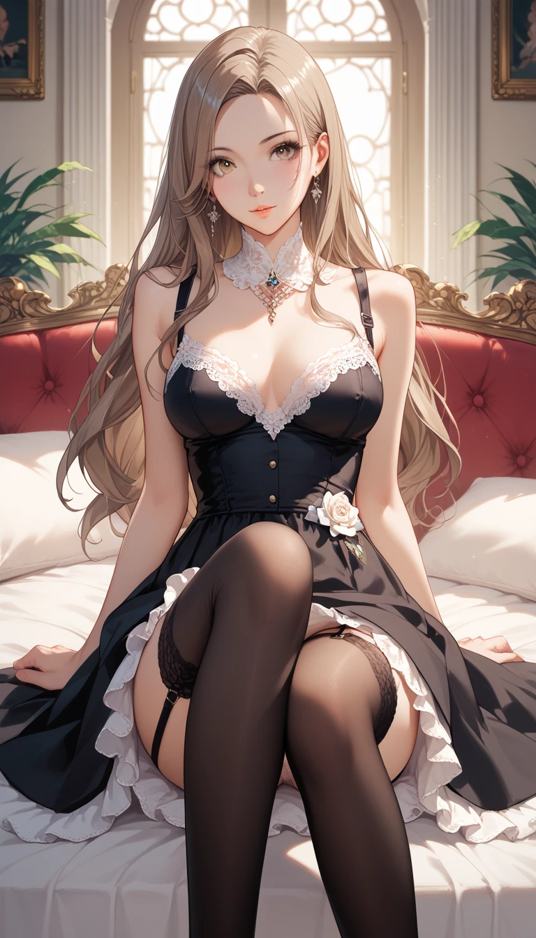 (hyperrealistic), (illustration), (high resolution), (8K), (extremely detailed), (best illustration), (beautiful detailed eyes), (best quality), (super detailed), (masterpiece), (wallpaper), (detailed face), solo, 1 girl, white wavy hair, korean, heterochromic eyes, small moles under the eyes, maid outfit, big breasts, long legs, tight abs, (camel toes), (black stockings), (no panties)