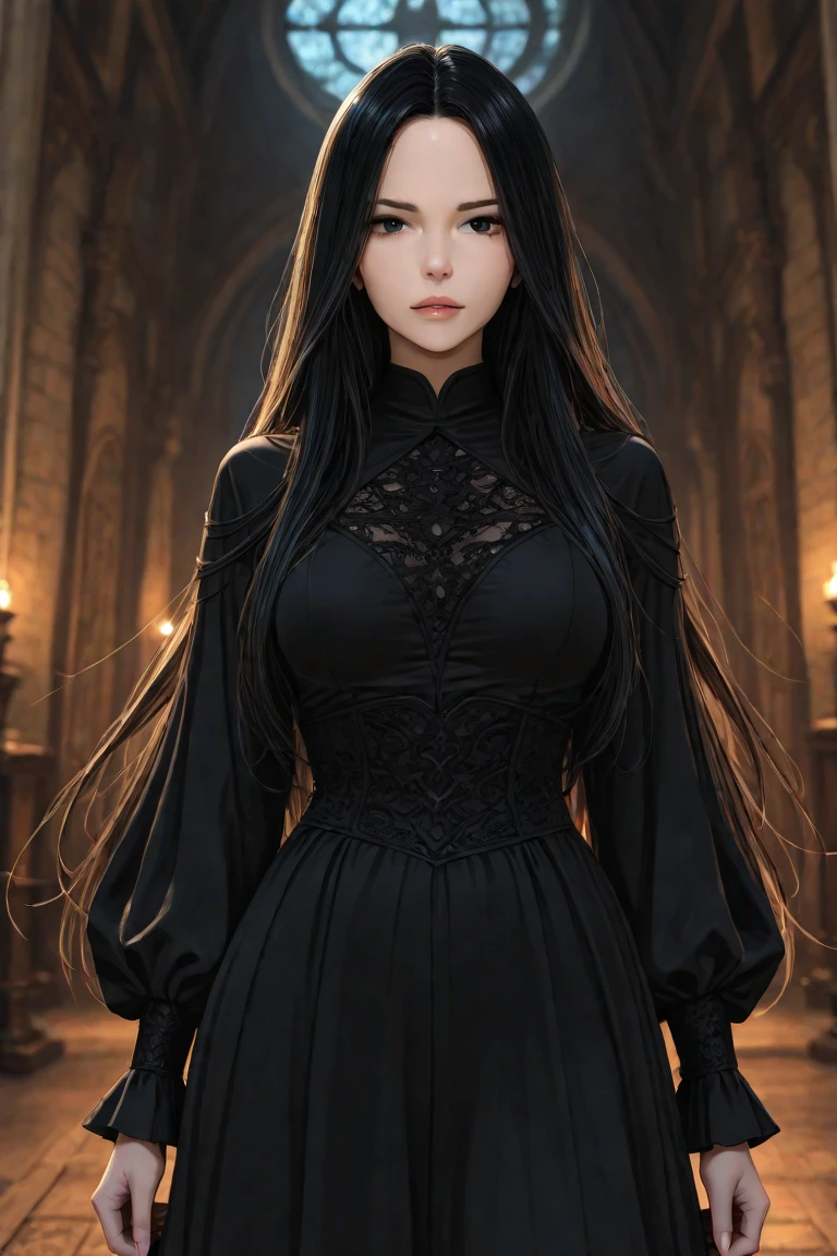a 1 7 - year - old anime goth girl, pale goth beauty, she is wearing a black dress, black hair with bangs, wearing a gothic dress,