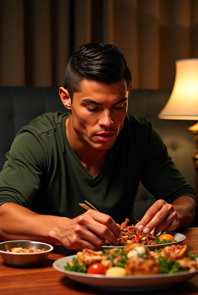 Real image of a latin model man with short black hair athletic body, short beard, lying on a table full of food.
