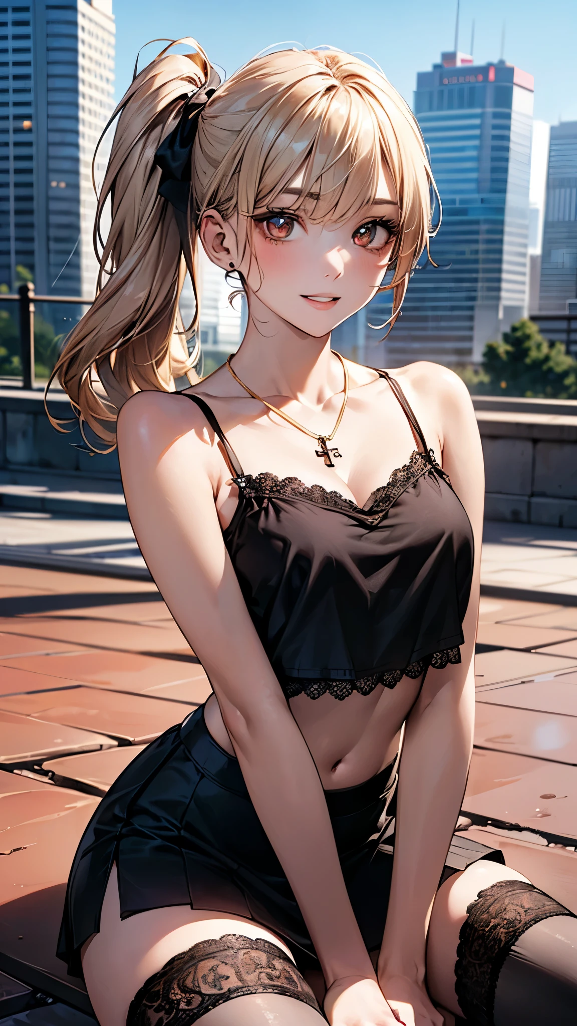 ((masterpiece, Highest quality, Very detailed)),
left to right balance, Perfect Hands,beautiful hands, Perfect Fingers,beautiful fingers, Perfect Limbs,Perfect Body,Correct Human Body, beautiful eyes, (face light:1.2),
One girl, 20 yers old, gyaru, full makeup, BREAK ((brown skin:1.3)), blonde, Long Hair, blunt bangs, wavy Hair, BREAK ((grey eyes)), Thick thighs, medium breasts, cowboy shot, evil smile, ((open mouth)), ((tongue out)), ((lots of pierced earrings)),
(one-side off shoulder shirt:1.3), asymmetrical clothing, exposed shoulder, half-dressed, BREAK ((black camisole)), necklace, BREAK (blue damaged denim shorts)
Forest park during the day, well-maintained dirt path in the forest,