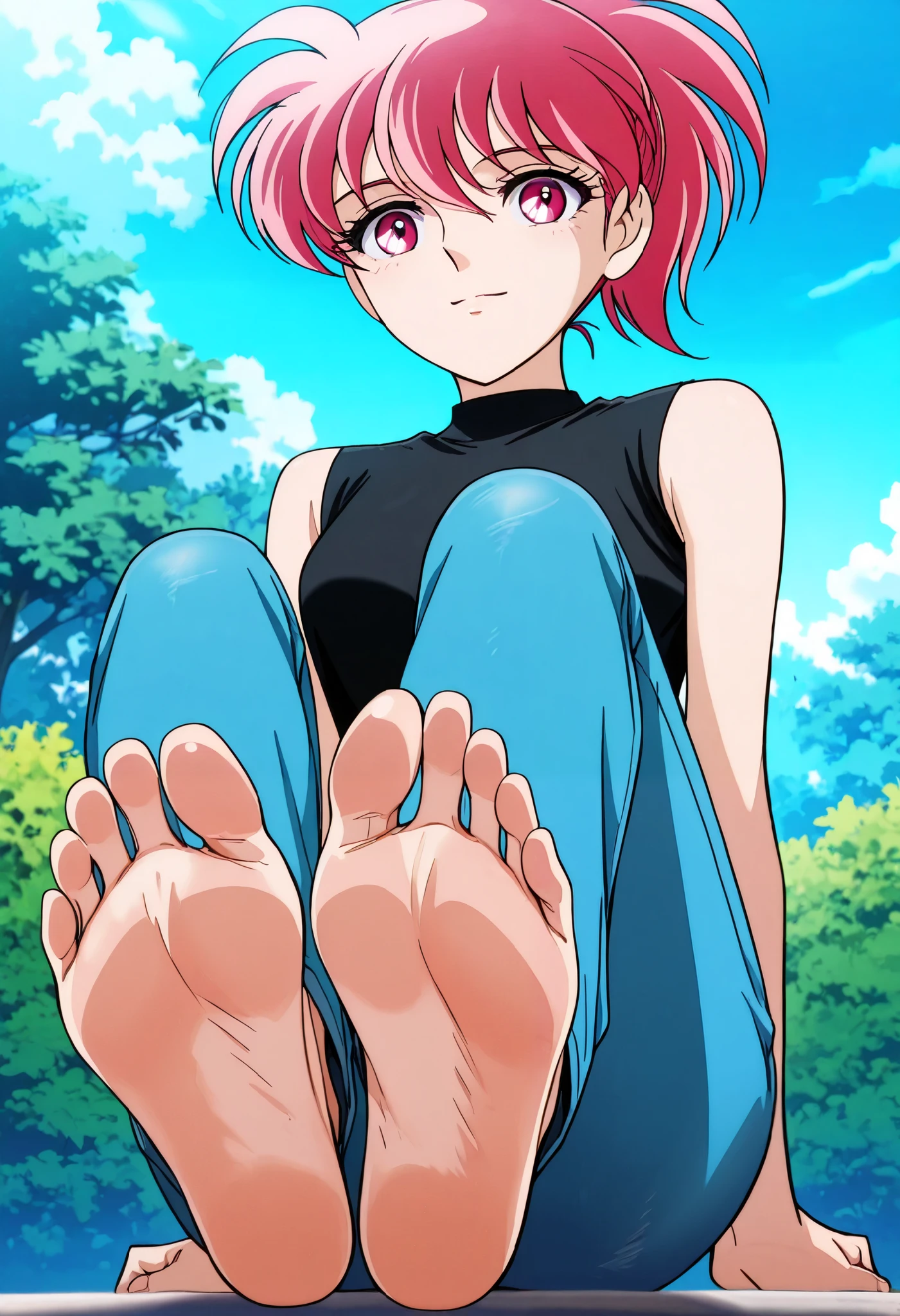 score_9, score_8_up, score_7_up, score_6_up, source_anime, detailed, absurdres, highres, masterpiece, best quality, amazing quality, official anime artwork, screencap, anime screencap, looking at viewer, light smile, outside, day, Shouko, 1girl, solo, ponytail, pink eyes, pink hair, bangs, Casual Outfit, shirt, sleeveless, black shirt, sleeveless shirt, denim, barefoot, toes, soles, soles up, foot wrinkles, foot focus, intricate details, perfectly drawn foot, each foot has exactly five toes, foot focus, showing her soles to the viewer,