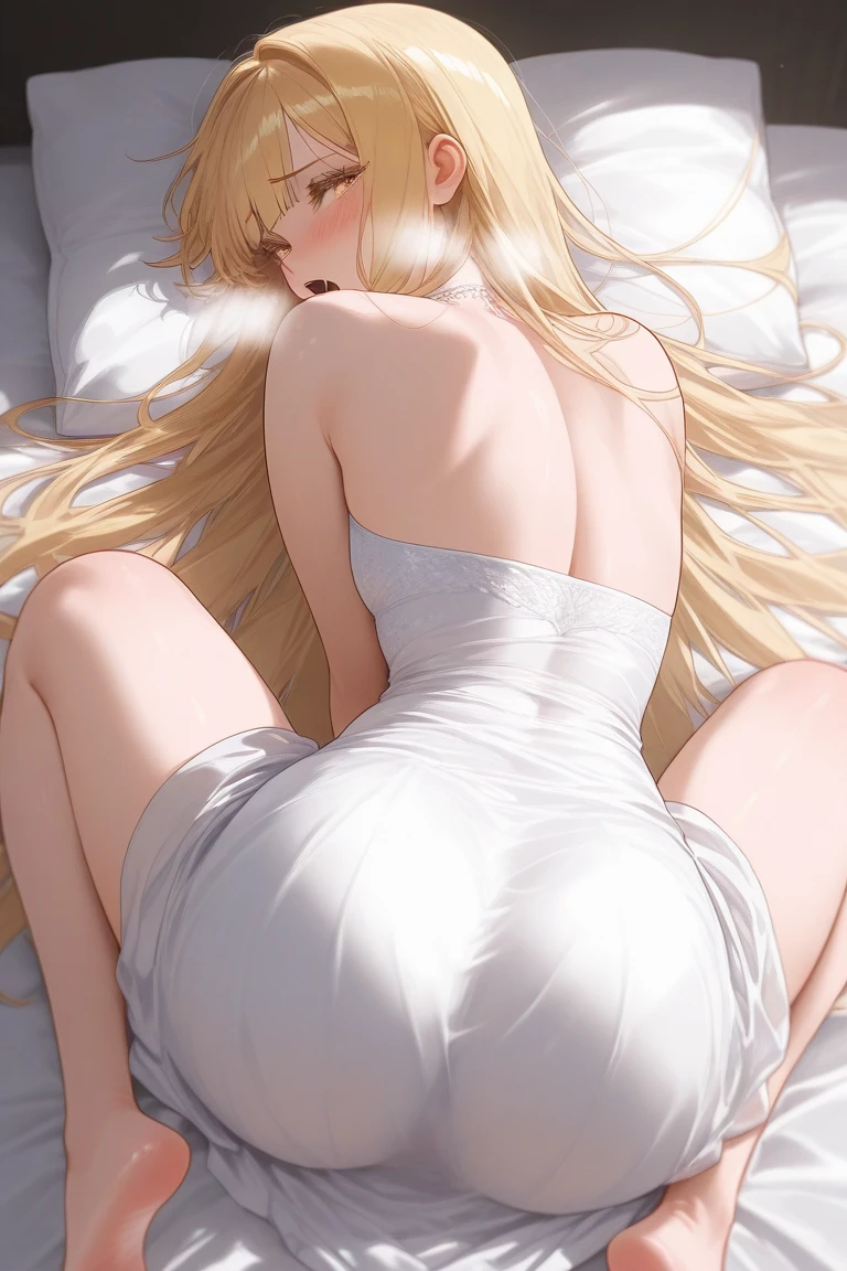 1girl,  full body, Lying down on the bed from behind, Voluptuous body,  Layered haircut, Scornful look, look of contempt, Blonde highlights hair, long hair, white clothes,  ((detailed)), ((best quality)), ((masterpiece)), extremely detailed CG unity 8k wallpaper, 32k, focus sharp, <lora:add_detail:0.8> <lora:CosmicEyes:0.8> <lora:JW:0.5> <lora:LookingDisgusted_V1:0.5> disgusted,