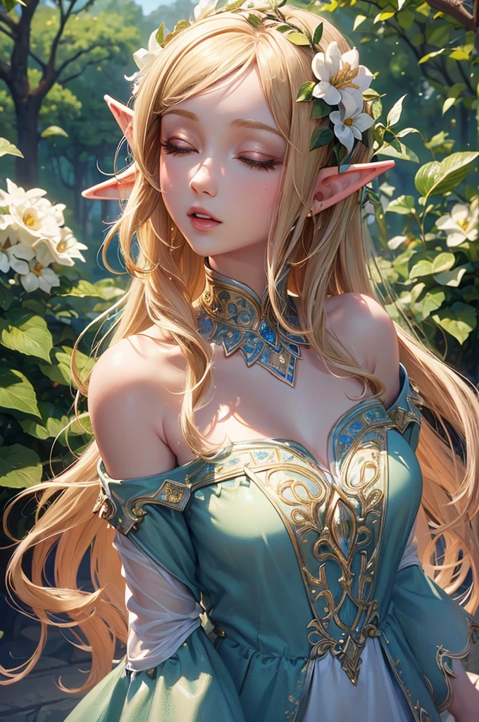 work of art, ultra creative, epic details, ultra detaild, best resolution, Woman, archer, blonde, (Beautiful nymph), ( robust wreath of leaves and pink and blue flowers), sculptural body, (clothes made of leather), ((perfect hands))), scenario:Enchanted Forest), no mistakes, (((epic details na face))), (((ultra perfect eyes)))