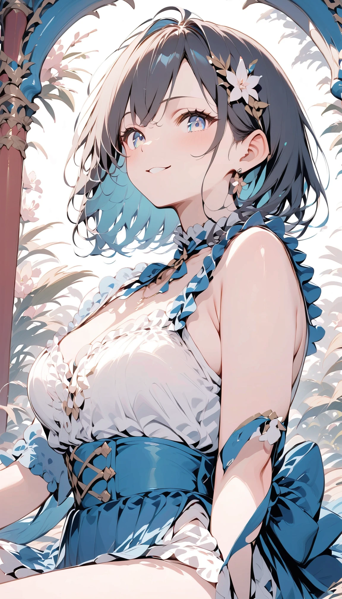 1girl,solo,(A face seen from afar),closeup underboob,(closeup underboob,underboob focus:1.3),lying on bed,perspective,arch bend,mochi shaped breasts,deformed breasts,blue hair,Cobalt Hair,Short hair