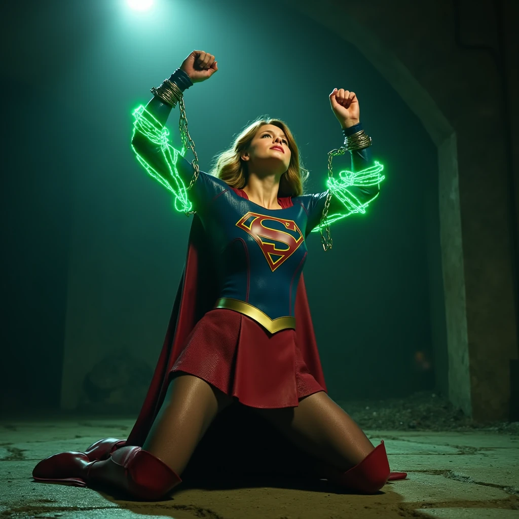 (supergirl portrayed by a cute woman, batters and torn costume, battered and bruised, bound up in glowing green kryptonite chains), super girl is raging and crying, Lex Luthor's lab