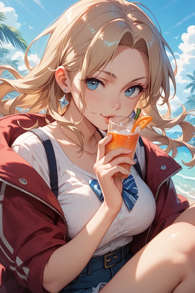anime character, girl, 18 years old, Gyaru, Tomboy, black skin, blond hair, blue eyes, white bikini, white panties, denim jacket, happy, holding beer on beach, 4k
