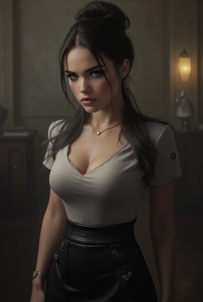 a woman in her late 30s, chubby physique, long straight dark brown hair, high ponytail, freckles, flushed cheeks, wearing a choker, large breasts, curvy figure, tied white t-shirt (braless), purple leggings, sitting, legs crossed, arms outstretched, (best quality,4k,8k,highres,masterpiece:1.2),ultra-detailed,(realistic,photorealistic,photo-realistic:1.37),detailed portrait, cinematic lighting, natural skin texture, intricate details, dramatic colors, moody atmosphere, seductive pose