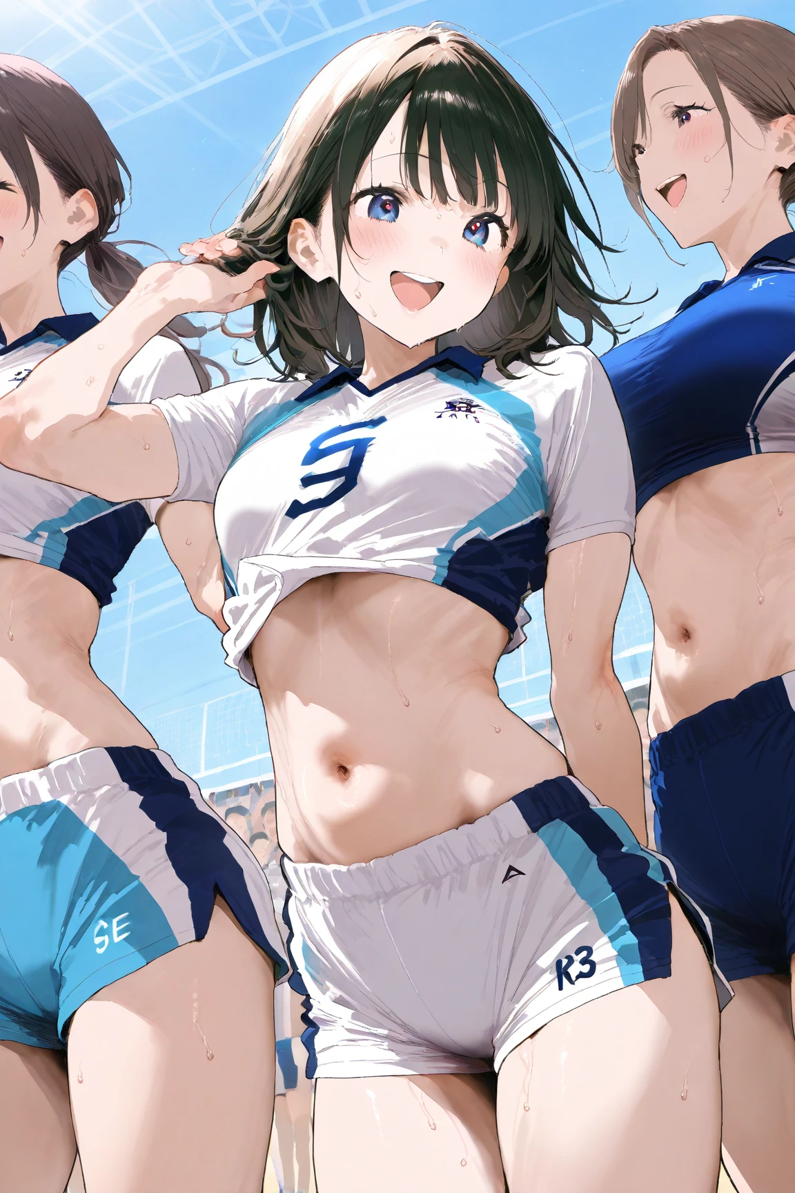 Background is a sports stadium、Three Japanese junior high school girls、Black Hair、The track and field team members are lined up wearing high-cut bikini uniforms..、All three of them looked a little embarrassed as they waved their hands.。.、