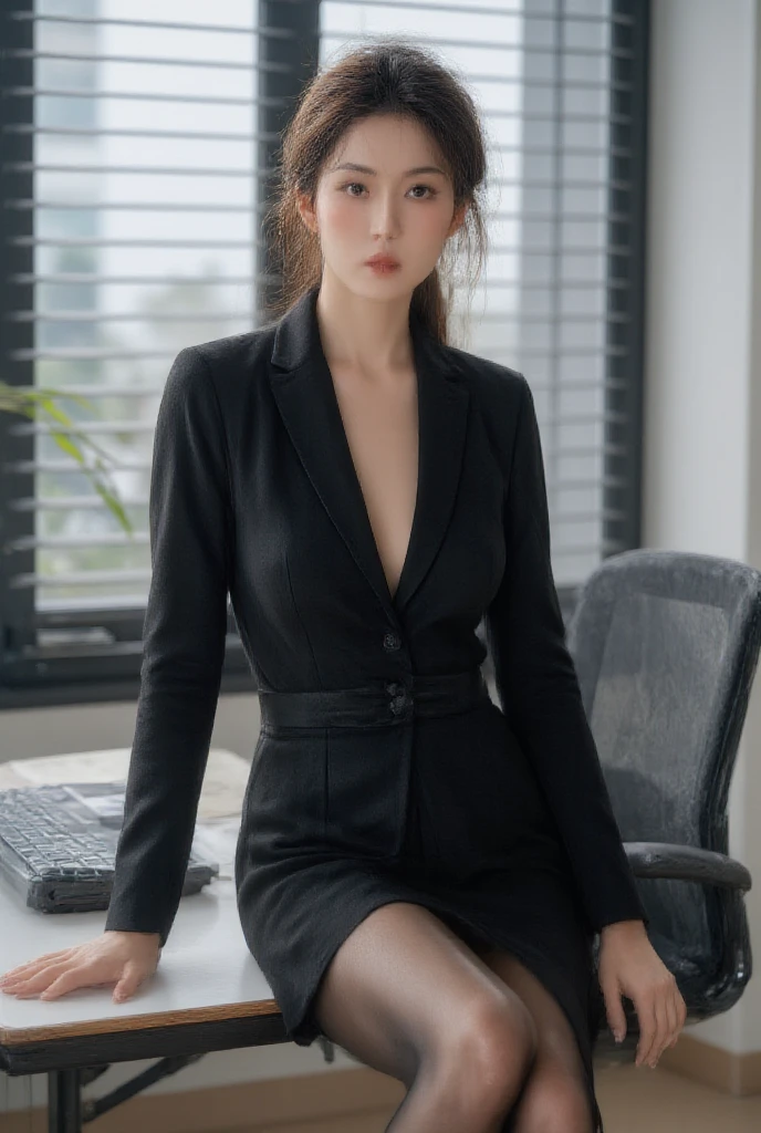 Exquisite, masterpiece, beautiful details, colorful, delicate details, delicate lips, intricate details, large breasts, black glasses with cool, 1 woman, (a beautiful 20-year-old cute Korean woman: 1.1), (kpop idol, Korean mixed), (50mm Sigma f/1.4 ZEISS lens, F1.4, 1/800s, ISO 100, photograpy:1.1), (ponytail + brunette 1.2), ( Photorealistic: 1.4), (SPY: 1.2), (Open Jacket, Silk Strap Mini Dresses Backless Sleeveless Dresses, choker, Black Pantyhose, strap high-heels with Christian Louboutin\(Brand\),:1.3), Earrings, Necklaces, Armbands, (Tavern, Bar:1.2), (Beautiful Legs, High Girl, Skinny, slim_legs, thigh_gap, Model: 1.2 ), lens, flare from the front, (cool expression), dynamic pose, (makeup: 1.2), (siting in front of boss luxury office desk)), full body photo