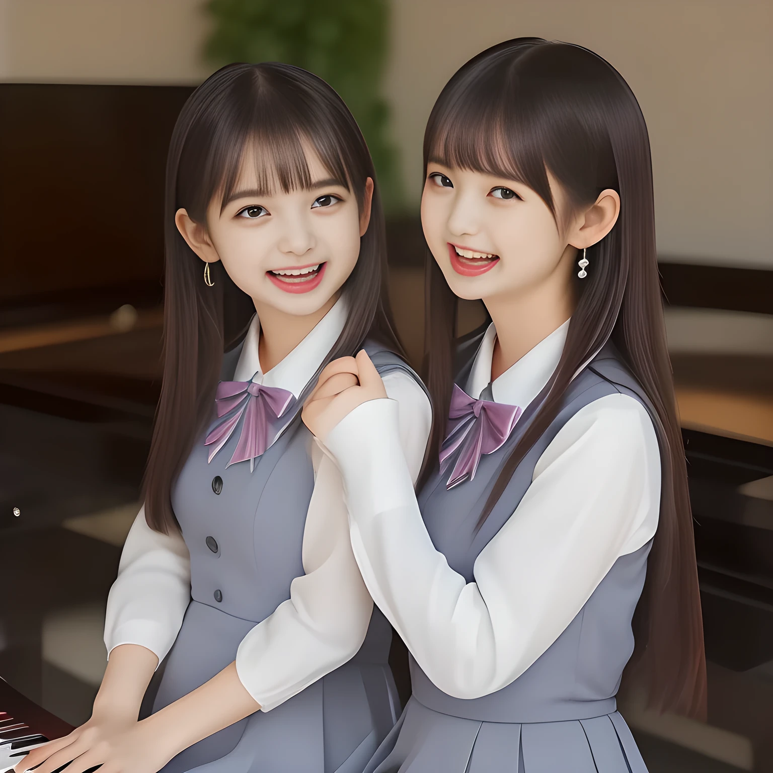 (highest quality, masterpiece, high resolution:1.2), 4K, (Photo quality detailed foreground: 1.2), geometry, (Two succubi of Cute noble yo  beautiful slender girl bisyojo bisyoujo girly very-long-hair Japanese photo model are seated on a gorgeous lascivious piano and can't stop kissing the viewer and looking at the viewer with her too beautiful eyes like laughing fashion model: 1.3), (Using expensive face-whitening cosmetics to make her skin more beautiful and pure by professional makeup artist: 1.5), (devious girlish fascinating laughter in bliss, devious girlish pose: 2.0), Laughing cutely, ((Light-Gray) Japanese school girly vest Uniform with neat girly light-yellow short-sleeves school blouse, puffed short sleeves: 1.2), (white socks and school loafers, kicking back: 1.5), (Dark blue glossy glossy school ribbon on the breast: 1.0), (Extremely laughing cheeks: 1.8), (Beautiful light-amber large clear open eyes with balanced and detailed cutely: 1.4), (double eyelids: 1.0), (highly curled bangs: 1.2), (Expressing the greatest joy with her whole body: 1.2), (Glossy lips: 1.0), (too long very straight hair reaches her hips: 1.7), (cute earrings), (making the viewer crazy with her beautiful hands: 1.6), (white and clear skin: 1.0), (Laughing 13 cute princess's eyes looking at me: 0.8), (Very shy, cute, slender, pretty, pretty, too girly & Girlish:  National Beautiful Girl Grand Prix winners: 2.0)