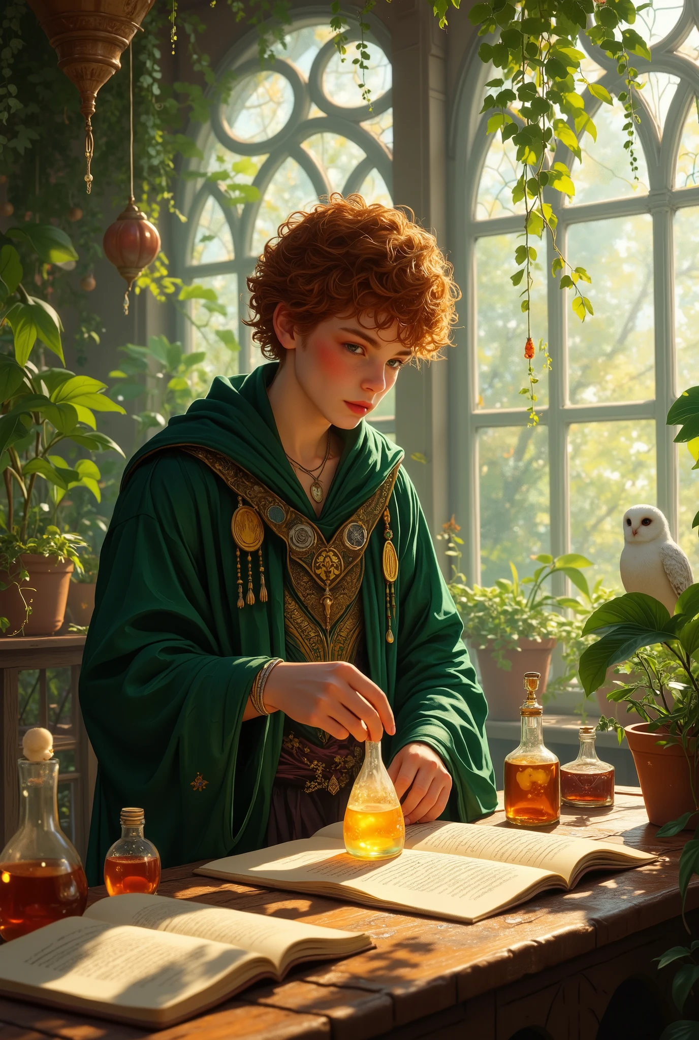 An ultra-realistic image of a young alchemist with curly auburn hair and curious, determined eyes. He stands in a sunlit greenhouse filled with exotic plants, bubbling potions, and ancient manuscripts spread across a wooden table. Dressed in a moss-green robe with golden embroidery, he carefully pours a glowing liquid into a crystal vial, creating a faint, magical shimmer in the air. The atmosphere is enchanting yet scientific, with a white owl perched nearby and the warm rays of sunlight streaming through stained-glass windows, casting intricate patterns on the floor. Style: Ultra-realistic, cinematic lighting, enchanted realism, botanical fantasy ambiance.