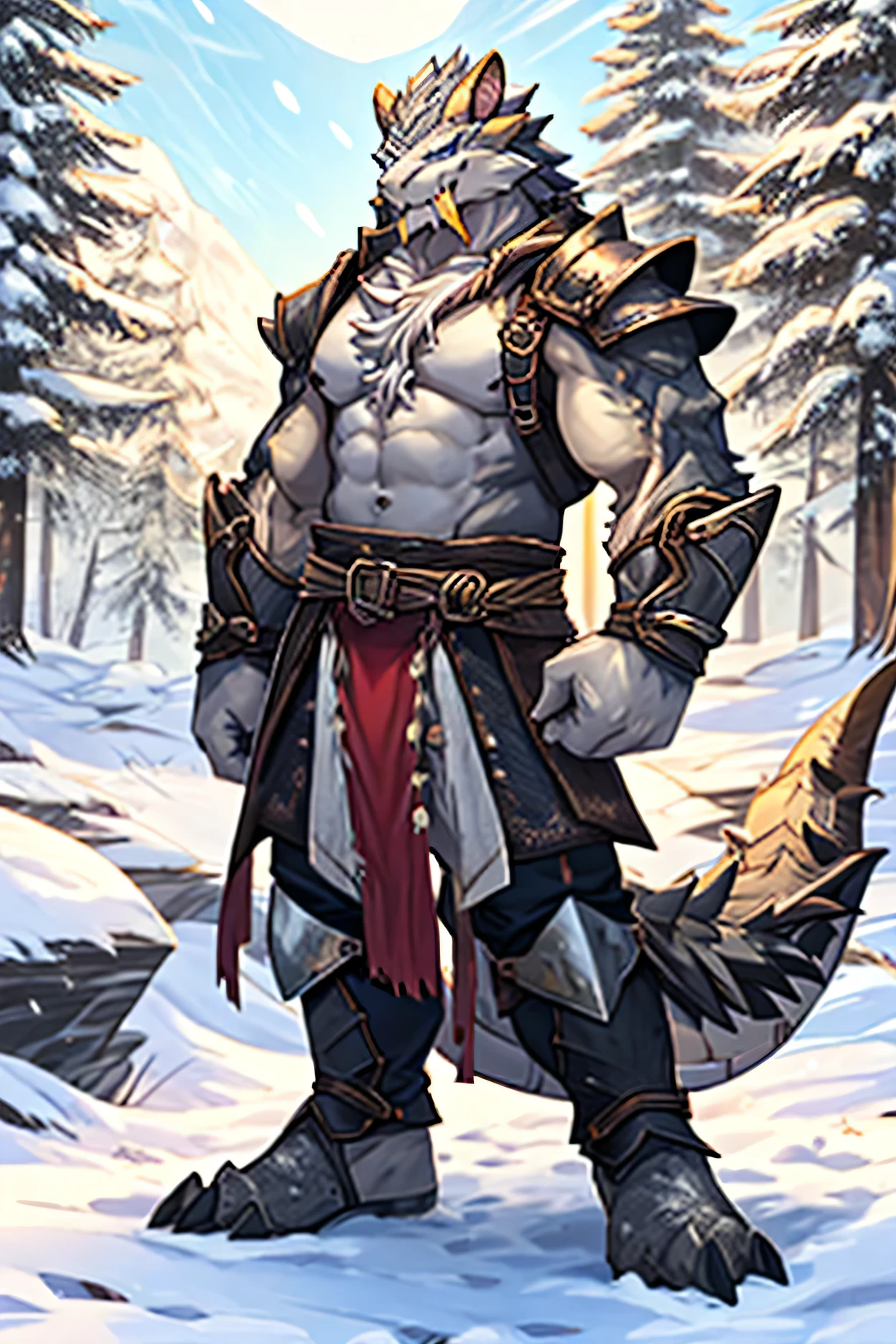 Anthropomorphic fusion of a White dragonborn, and a white sabretooth. Male, strong build, leather armor, snow peaks, full body, facing viewer, clawed hands, yellow fangs, white scales, white fur, Scaled chest fur