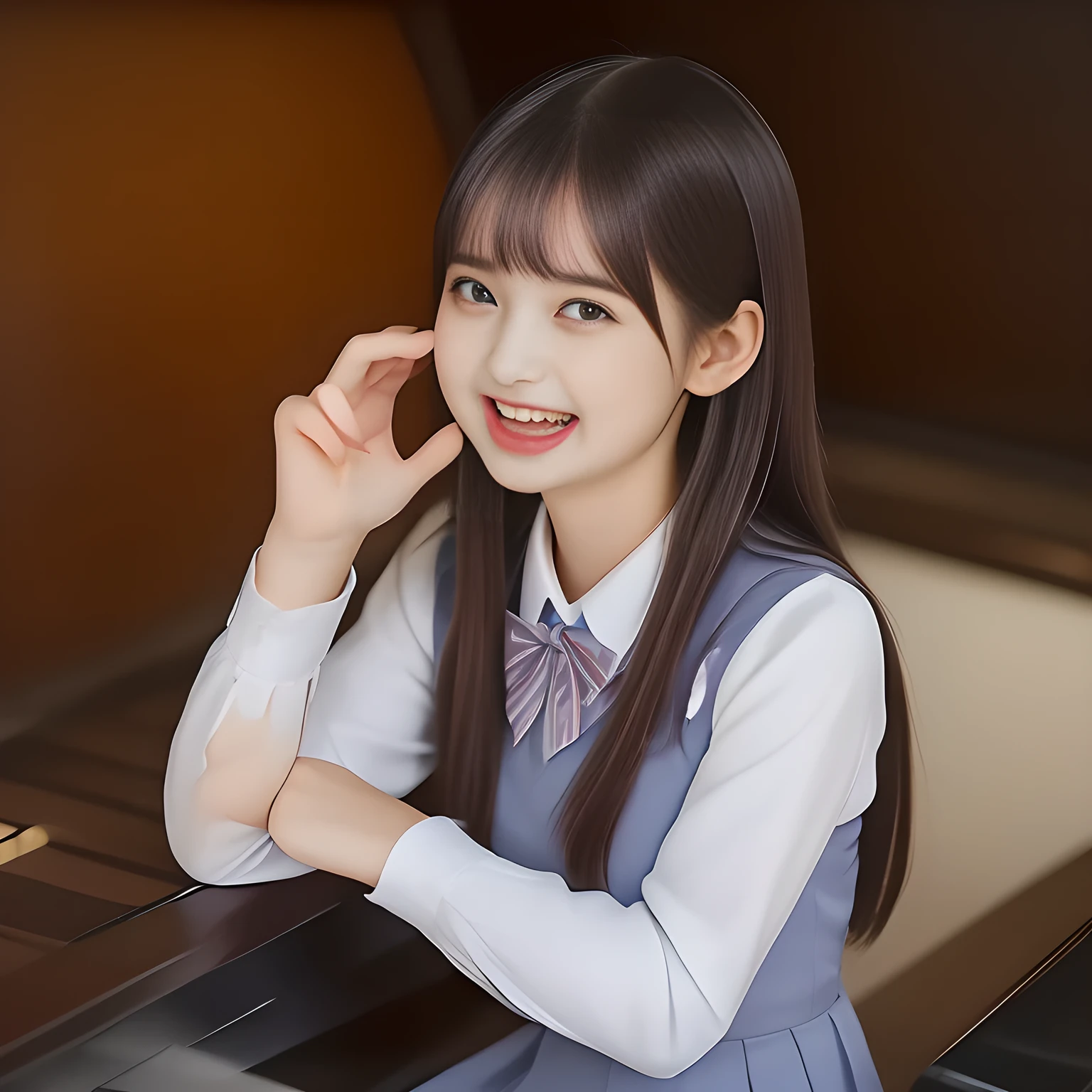 (highest quality, masterpiece, high resolution:1.2), 4K, (Photo quality detailed foreground: 1.2), geometry, (Two succubi of Cute noble yo beautiful slender girl bisyojo bisyoujo girly very-long-hair Japanese photo model are seated on a gorgeous lascivious piano and can't stop kissing the viewer and looking at the viewer with her too beautiful eyes like laughing fashion model: 1.3), (Using expensive face-whitening cosmetics to make her skin more beautiful and pure by professional makeup artist: 1.5), (devious girlish fascinating laughter in bliss, devious girlish pose: 2.0), Laughing cutely, ((Light-Gray) Japanese school girly vest Uniform with neat girly light-yellow short-sleeves school blouse, puffed short sleeves: 1.2), (white socks and school loafers, kicking back: 1.5), (Dark blue glossy glossy school ribbon on the breast: 1.0), (Extremely laughing cheeks: 1.8), (Beautiful light-amber large clear open eyes with balanced and detailed cutely: 1.4), (double eyelids: 1.0), (highly curled bangs: 1.2), (Expressing the greatest joy with her whole body: 1.2), (Glossy lips: 1.0), (too long very straight hair reaches her hips: 1.7), (cute earrings), (making the viewer crazy with her beautiful hands: 1.6), (white and clear skin: 1.0), (Laughing 13 cute princess's eyes looking at me: 0.8), (Very shy, cute, slender, pretty, pretty, too girly & Girlish: National Beautiful Girl Grand Prix winners: 2.0)