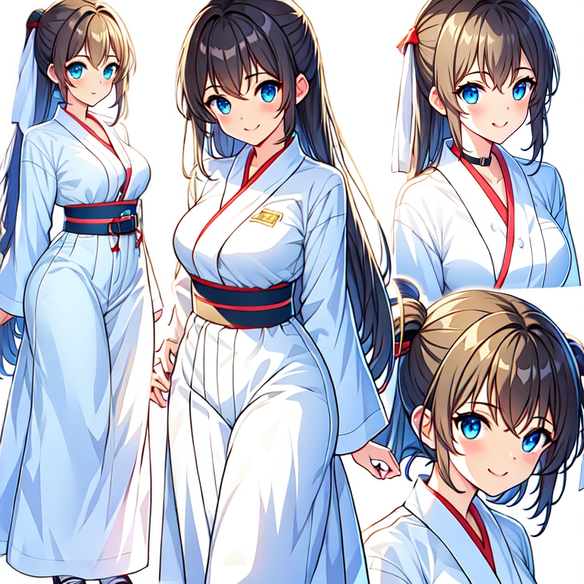 (Masterpiece), (best quality), (high resolution), 1 woman, Tall, Beautifully detailed eyes, Beautifully detailed face, serious, perfect hand, Complete finger, perfect anatomy, perfect proportions, ((brown hair, medium hair, hair down)), ((blue eyes)), ((Chinese dress (Qibao) Chinese clothing design)), ((white dress, Open the cover.)), chest, medium chest, look at viewer, (alone, alone focus), stand,, ((V yellow (mark) บนchest)), Whole costume design. simple background, Many perspectives, Full length character sheet.