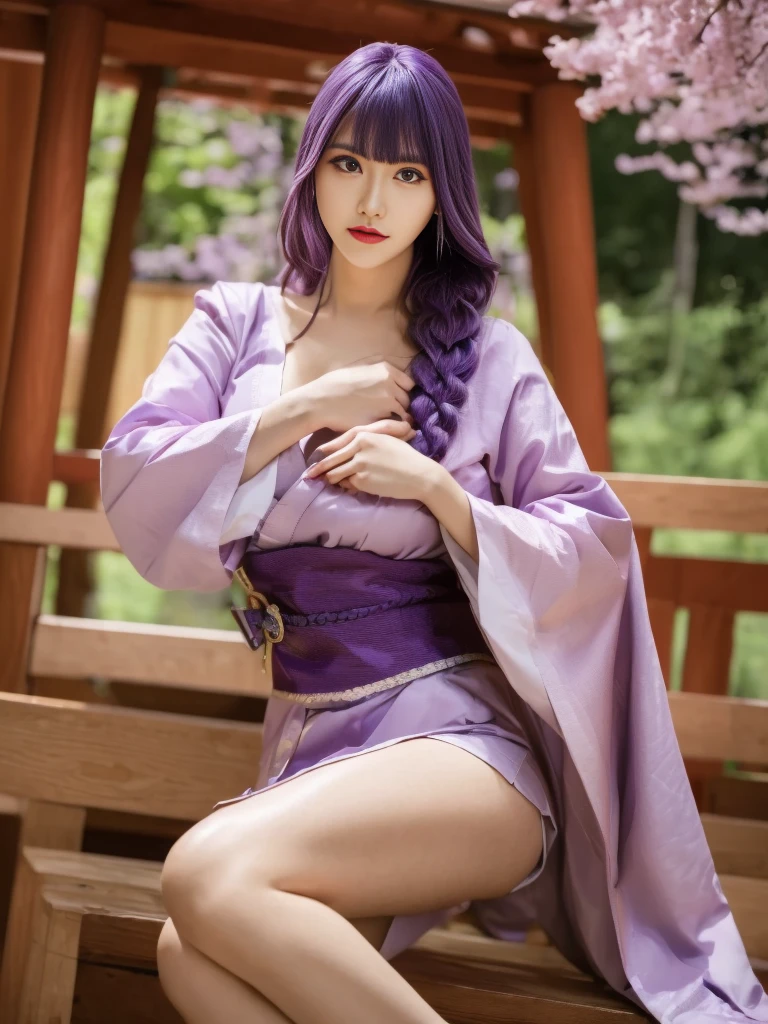 sitting on a bench, taiden shogun genshin impact, ((wearing aristocrat robe)), highly detailed exquisite fanart, seductive girl, cushart krenz key art feminine, high detailed, purple hair, purple eyes, thick thighs,