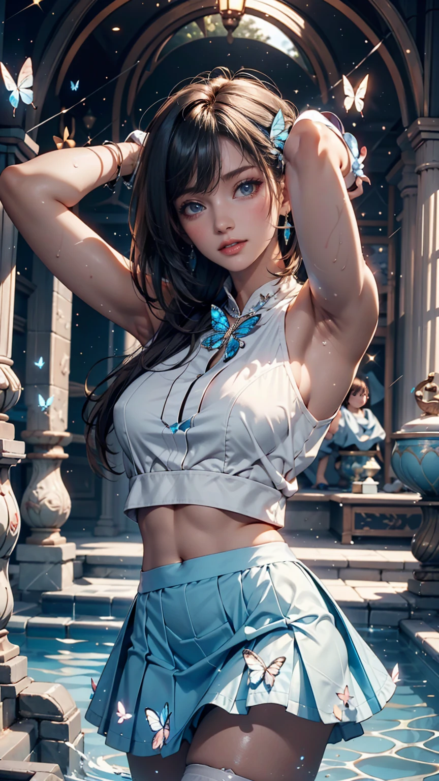 best quality, masterpiece, high_res, 1girl, hair ornament, necklace, jewelry, Beautiful face, upon body, tyndall effect, photo realistic, dark studio, rim lighting, two tone lighting, (high detailed skin:1.2), 8k uhd, dslr, soft lighting, high quality, volumetric lighting, candid, Photograph, high resolution, 4k, 8k, Bokeh, realistic big breasts, open fingers,