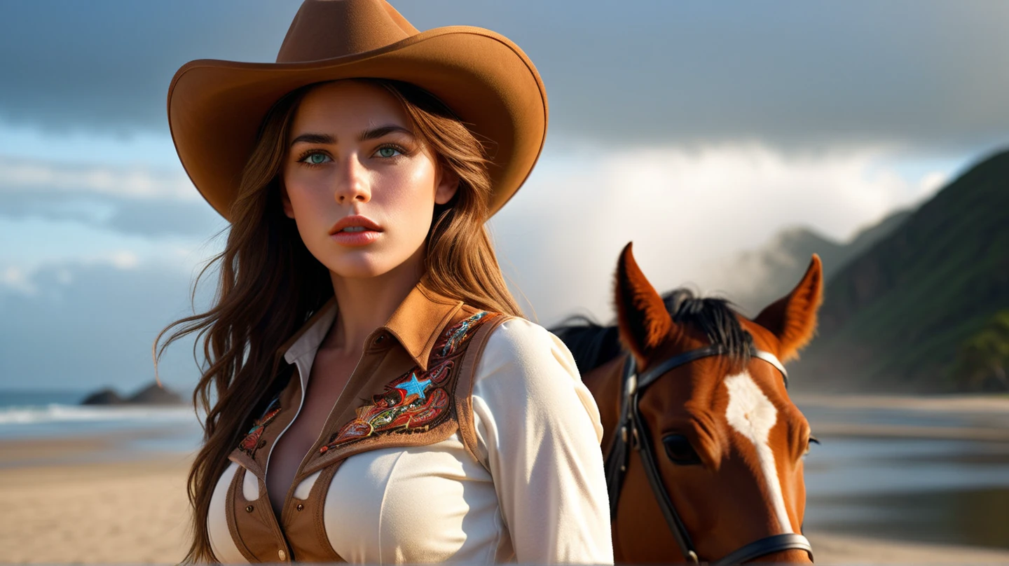 A beautiful cowgirl, detailed face, long eyelashes, beautiful lips, intricate details, cowgirl hat, riding a horse, showing off her round feminine buttocks, golden hour lighting, cinematic, highly detailed, 8k, photorealistic, dramatic lighting, warm colors, fantasy, conceptart