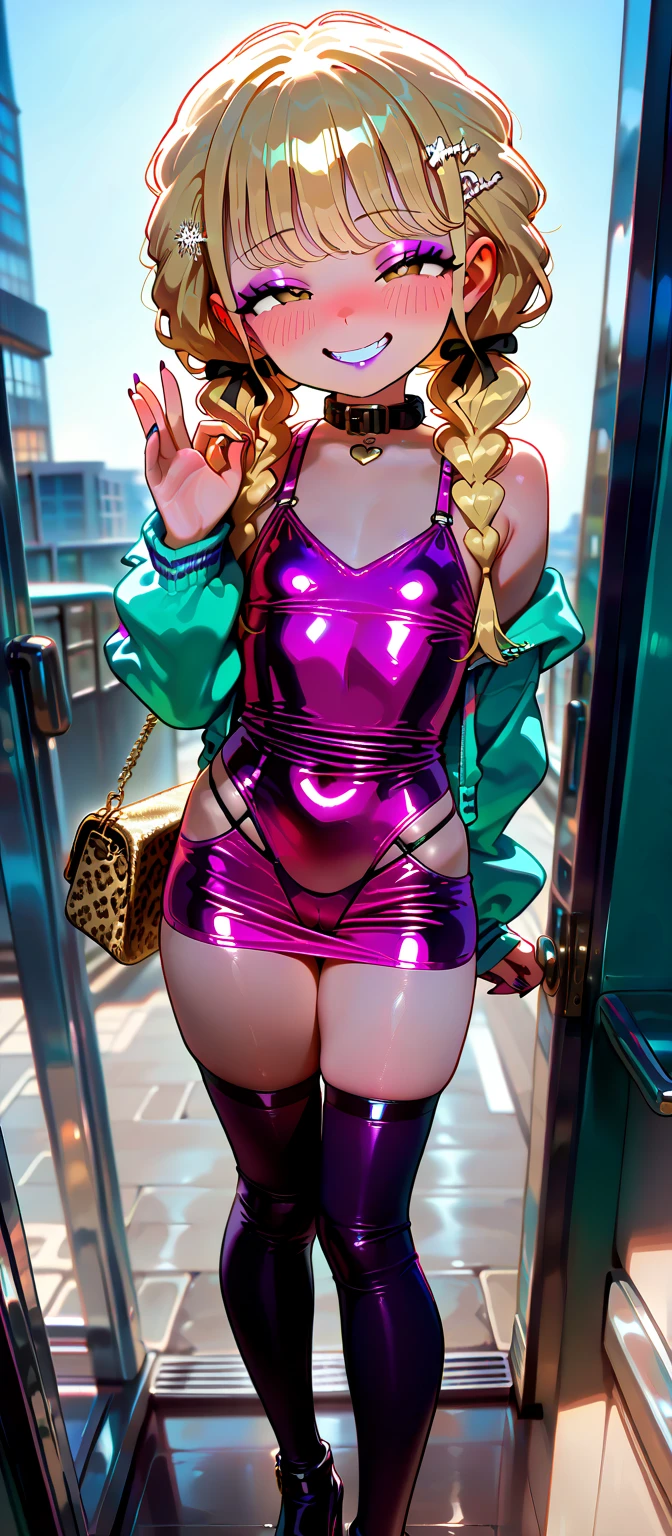 Adult Woman, Adult with blue eyes, with Blonde Pigtails with big hair bows wearing a very skintight pink club dress, huge boobs, Lots of cleaveage, very curvy, thigh highs, Curvy. Slutty, Pink Vibe, Pink Environment, Bar, Club, Pink Aesthetic, Bows In her Hair.