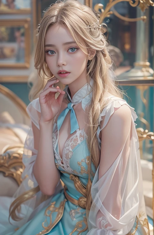 (Photonic mapping,Radiance,physics-based rendering,automatic white balance),super-detailed,Beautiful and aesthetic,beautiful,Jeizuo,best qualit,(coloured:1.1),Most detailed,absurdes, high res, super-detailed, 1girl, solo, Extremely detailed eyes, Ultra-accurate depiction, Ultra-detailed depiction, (zentangle:1.2), (dinamic pose), (Abstract background:1.5), (Three dresses:1.2), Short platinum blonde hair, (shinny skin), many colors, upper half body, (from above)