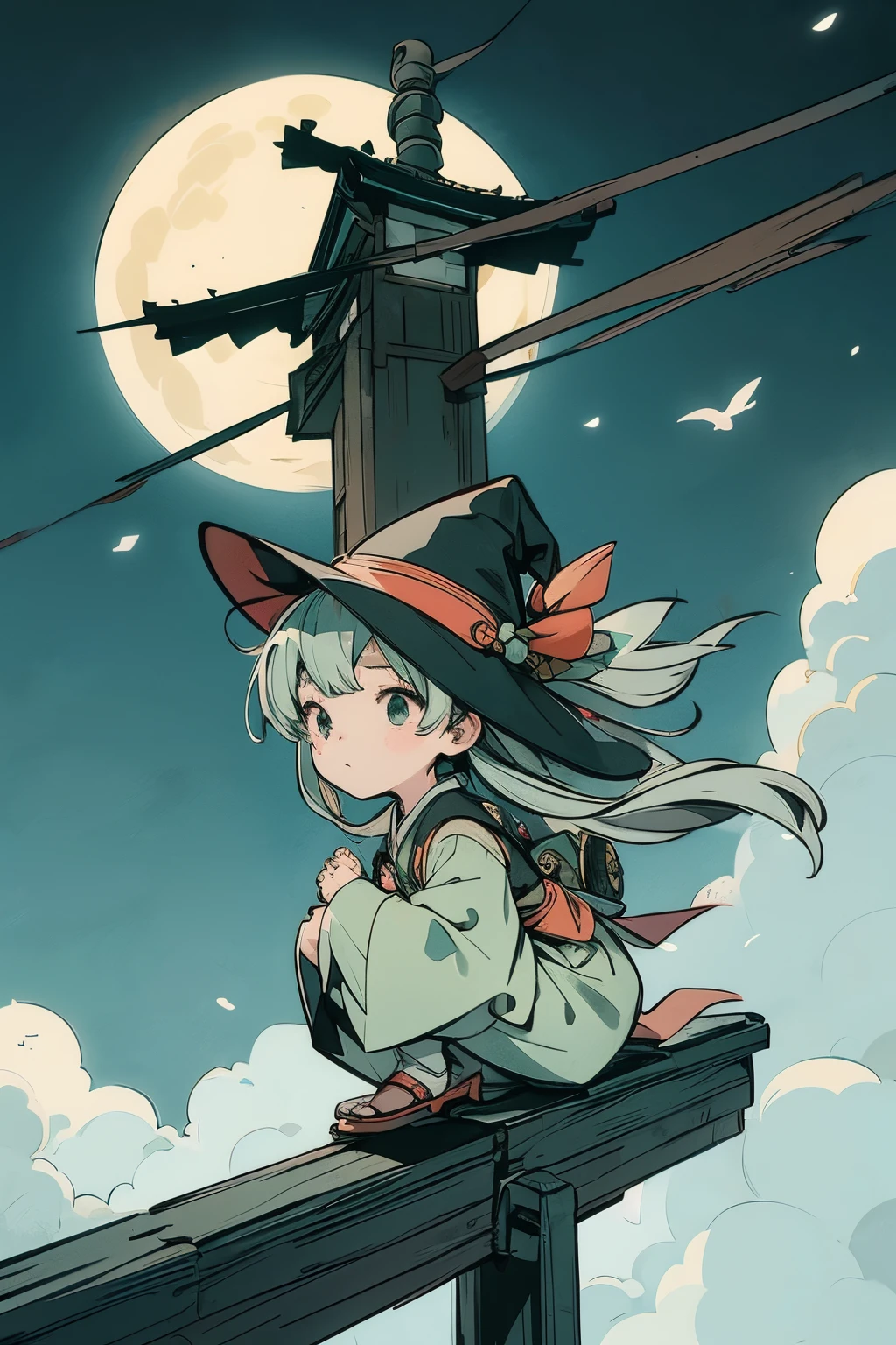 Translucent Illustration 、 Japanese anime style illustration 、 Small Shadows Seen in the Distance 、 Shadow of a Little Witch Straddling a Broom Can Be Seen in the Distance 、green、 Dynamic Angle 、 is amazing、 Highest precision、 top quality 、 fantasy、Effective Production 、 Full Moon Seen in the Distance 、 Seaside Town Sky at Night 、 Horizontal Line、movie、 artistic、delicate、sentimental、 highlights 、 Contrast