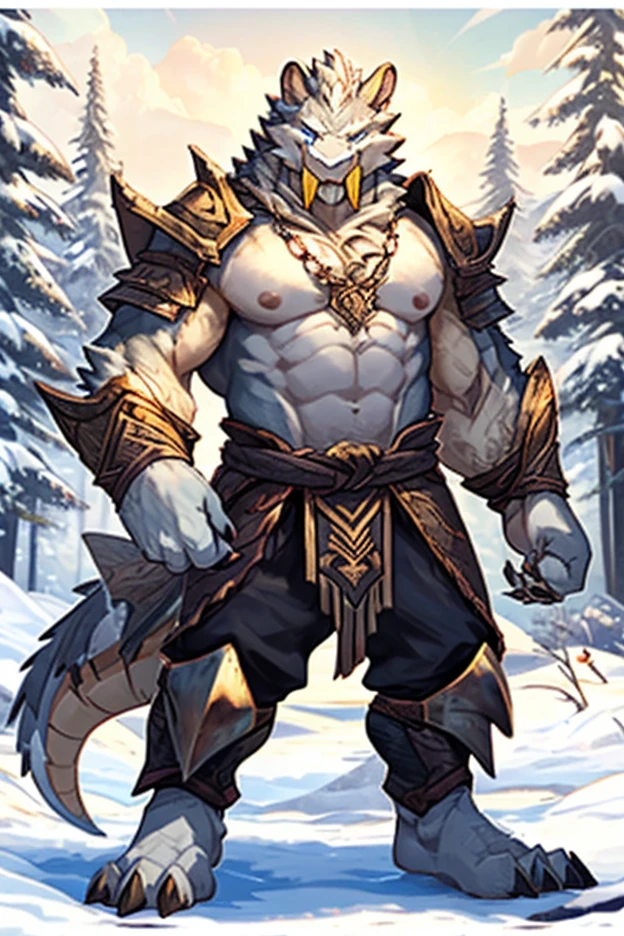 Anthropomorphic fusion of a White dragonborn, and a white sabretooth. Male, strong build, leather armor, snow peaks, full body, facing viewer, clawed hands, yellow fangs, white scales, white fur, Scaled chest fur