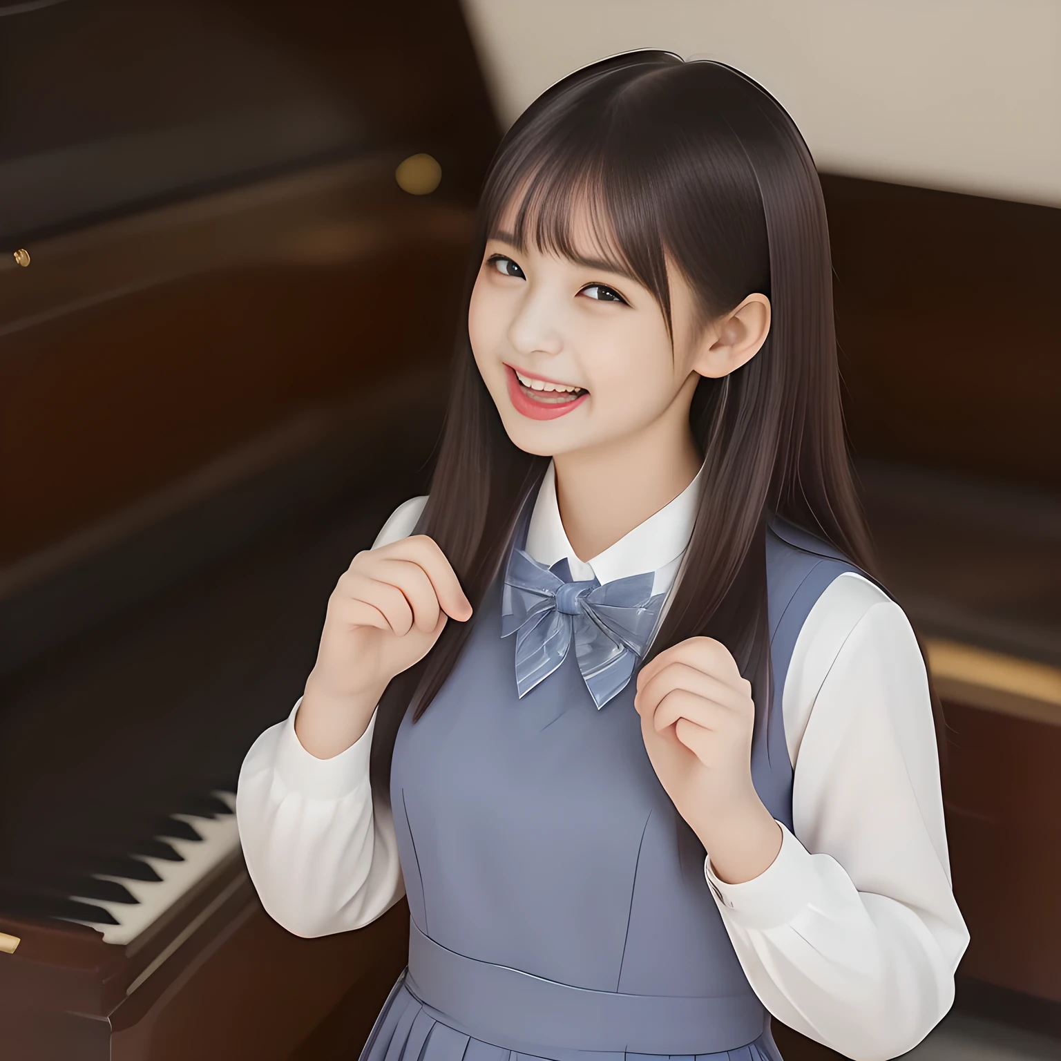 (highest quality, masterpiece, high resolution:1.2), 4K, (Photo quality detailed foreground: 1.2), geometry, (Two succubi of Cute noble yo beautiful slender girl bisyojo bisyoujo girly very-long-hair Japanese photo model are standing in front of a gorgeous lascivious piano and can't stop kissing the viewer and looking at the viewer with her too beautiful eyes like laughing fashion model: 1.3), (Using expensive face-whitening cosmetics to make her skin more beautiful and pure by professional makeup artist: 1.5), (devious girlish fascinating laughter in bliss, devious girlish pose: 2.0), Laughing cutely, ((Light-Gray) Japanese school girly vest Uniform with neat girly light-yellow short-sleeves school blouse, puffed short sleeves: 1.2), (white socks and school loafers, kicking back: 1.5), (Dark blue glossy glossy school ribbon on the breast: 1.0), (Extremely laughing cheeks: 1.8), (Beautiful light-amber large clear open eyes with balanced and detailed cutely: 1.4), (double eyelids: 1.0), (highly curled bangs: 1.2), (Expressing the greatest joy with her whole body: 1.2), (Glossy lips: 1.0), (too long very straight hair reaches her hips: 1.7), (cute earrings), (making the viewer crazy with her beautiful hands: 1.6), (white and clear skin: 1.0), (Laughing 13 cute princess's eyes looking at me: 0.8), (Very shy, cute, slender, pretty, pretty, too girly & Girlish: National Beautiful Girl Grand Prix winners: 2.0), (Everything is organized to have strong effect of hypnosis for the viewer to fall into happy dream with many beautiful girls: 1.5), (The viewer must be transferred to the world of only beautiful girls right now when he sees the eyes of girls in the picture: 2),