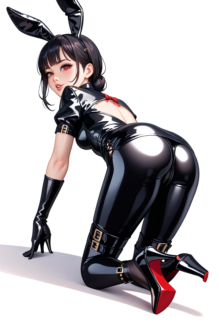 1980s Bondage Costume、High leg leotard、Black enamel material、Ultra glossy、Long High Heel Boots、Detailed picture、girl、25-year-old woman、Dynamic and lively pose、Crotch line、Erect nipples