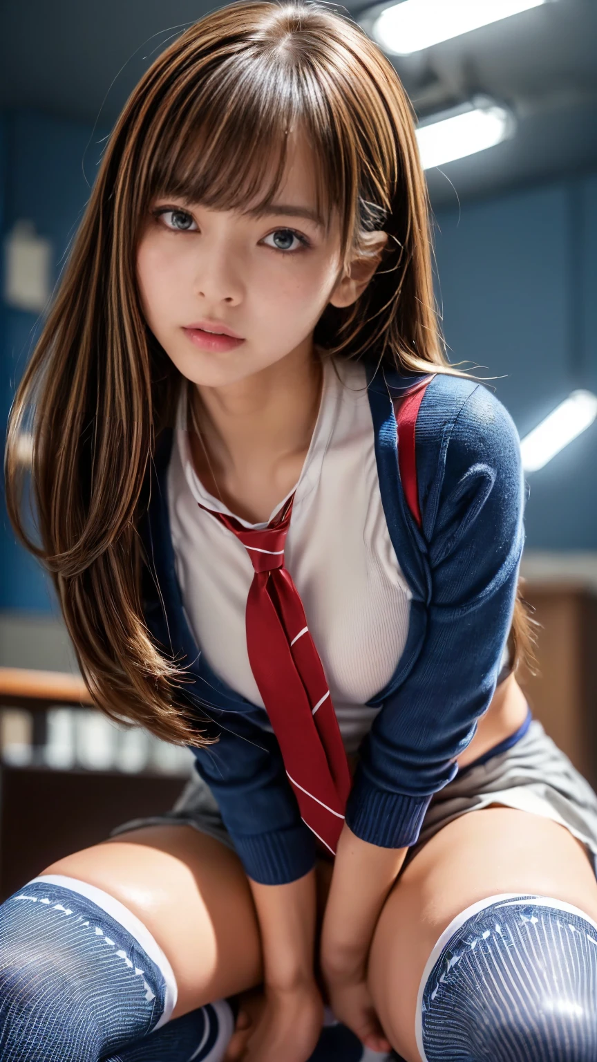 Anime Girls sitting on a bench in a classroom with a blackboard, beautiful anime high high school girl, a Surreal , 現実的なhigh school girl, Beautiful breasts, ribbon, Brown Hair, young Anime Girls, Surreal , Cute girl anime visuals, Anime Girls, Anime Girls with long hair, cute Anime Girls, Smooth anime CG art, high school girl, an Anime Girls, seductive Anime Girls, (Detailed eyes and face:1.3, Professional photography techniques), (Detailed hands), (Highest quality, 8K, masterpiece:1.2, RAW Photos), Gaze at the viewer, (blush:1.2), Sexy expression