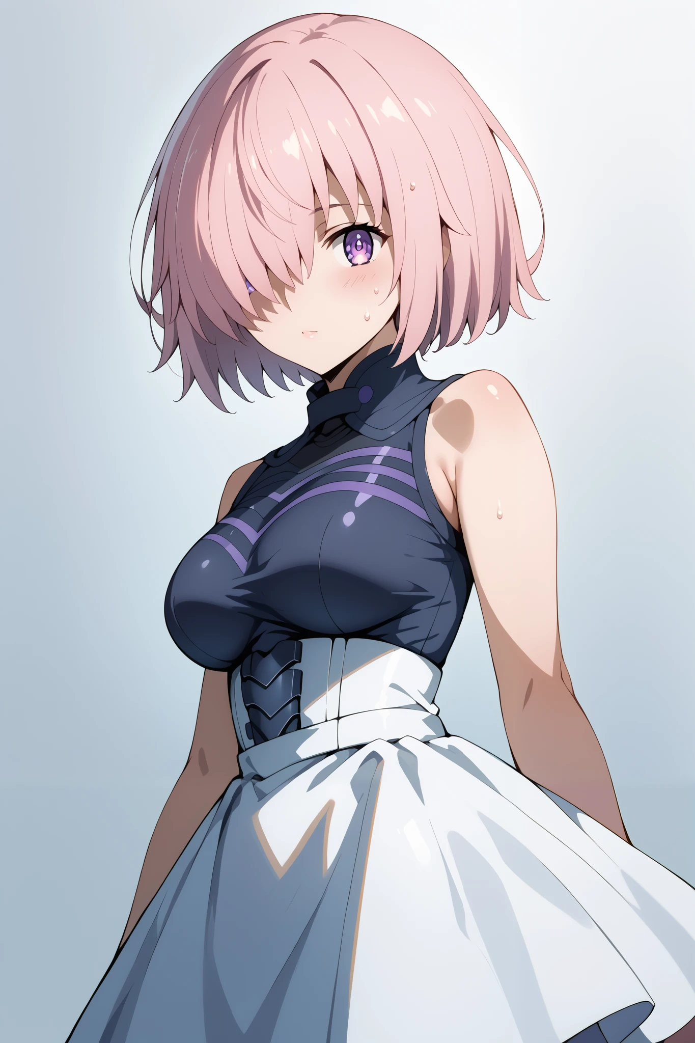 score_9, score_8_up, score_7_up, source_anime, 4K,perfect fingers,(perfect hands, perfect anatomy),prefect lighting, very aesthetic, intricate details,highly detailed background, masterpiece, high quality, best quality,
1girl, mashkyrielight, mash kyrielight, short hair, purple eyes, pink hair, hair over one eye, large breast,
wearing ((pretty dress, ))
sweating, ((white plain background)), standing,looking at viewer,