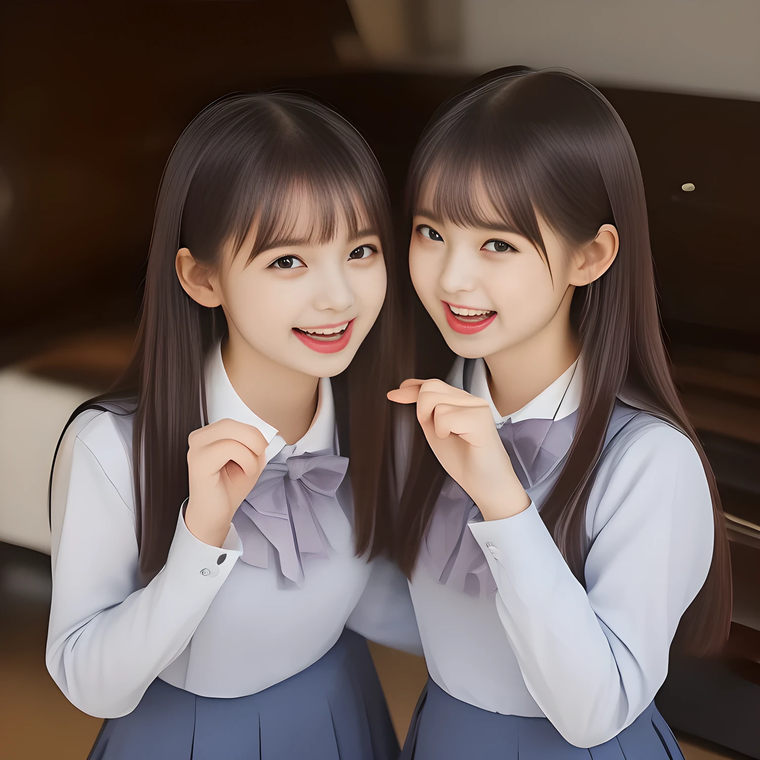 (highest quality, masterpiece, high resolution:1.2), 4K, (Photo quality detailed foreground: 1.2), geometry, (Two succubi of Cute noble yo beautiful slender girl bisyojo bisyoujo girly very-long-hair Japanese photo model are standing in front of a gorgeous lascivious piano and can't stop kissing the viewer and looking at the viewer with her too beautiful eyes like laughing fashion model: 1.3), (Using expensive face-whitening cosmetics to make her skin more beautiful and pure by professional makeup artist: 1.5), (devious girlish fascinating laughter in bliss, devious girlish pose: 2.0), Laughing cutely, ((Light-Gray) Japanese school girly vest Uniform with neat girly light-yellow short-sleeves school blouse, puffed short sleeves: 1.2), (white socks and school loafers, kicking back: 1.5), (Dark blue glossy glossy school ribbon on the breast: 1.0), (Extremely laughing cheeks: 1.8), (Beautiful light-amber large clear open eyes with balanced and detailed cutely: 1.4), (double eyelids: 1.0), (highly curled bangs: 1.2), (Expressing the greatest joy with her whole body: 1.2), (Glossy lips: 1.0), (too long very straight hair reaches her hips: 1.7), (cute earrings), (making the viewer crazy with her beautiful hands: 1.6), (white and clear skin: 1.0), (Laughing 13 cute princess's eyes looking at me: 0.8), (Very shy, cute, slender, pretty, pretty, too girly & Girlish: National Beautiful Girl Grand Prix winners: 2.0), (Everything is organized to have strong effect of hypnosis for the viewer to fall into happy dream with many beautiful girls: 1.5), (The viewer must be transferred to the world of only beautiful girls right now when he sees the eyes of girls in the picture: 2),(Tight waist, slender: 1.5), (The lady knows well about the viewer's super fetishism for school uniforms, and satisfies it completely: 1.7),