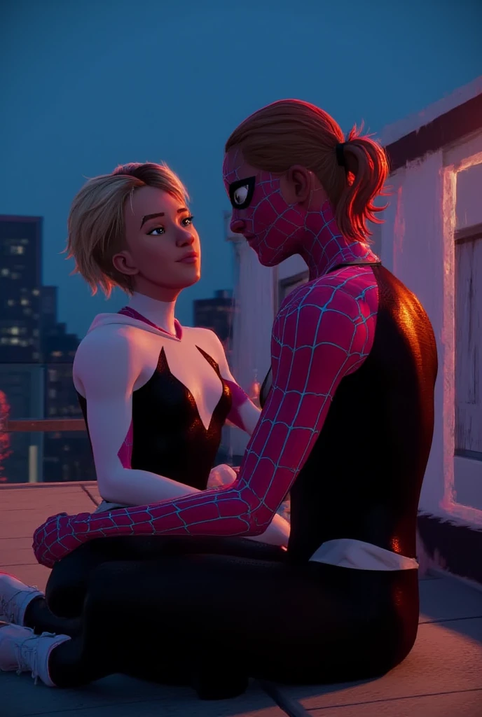 gwen stacy yuri lesbian scene from across the spiderverse, exposed breasts, touching, leaning in, explicit lesbian encounter