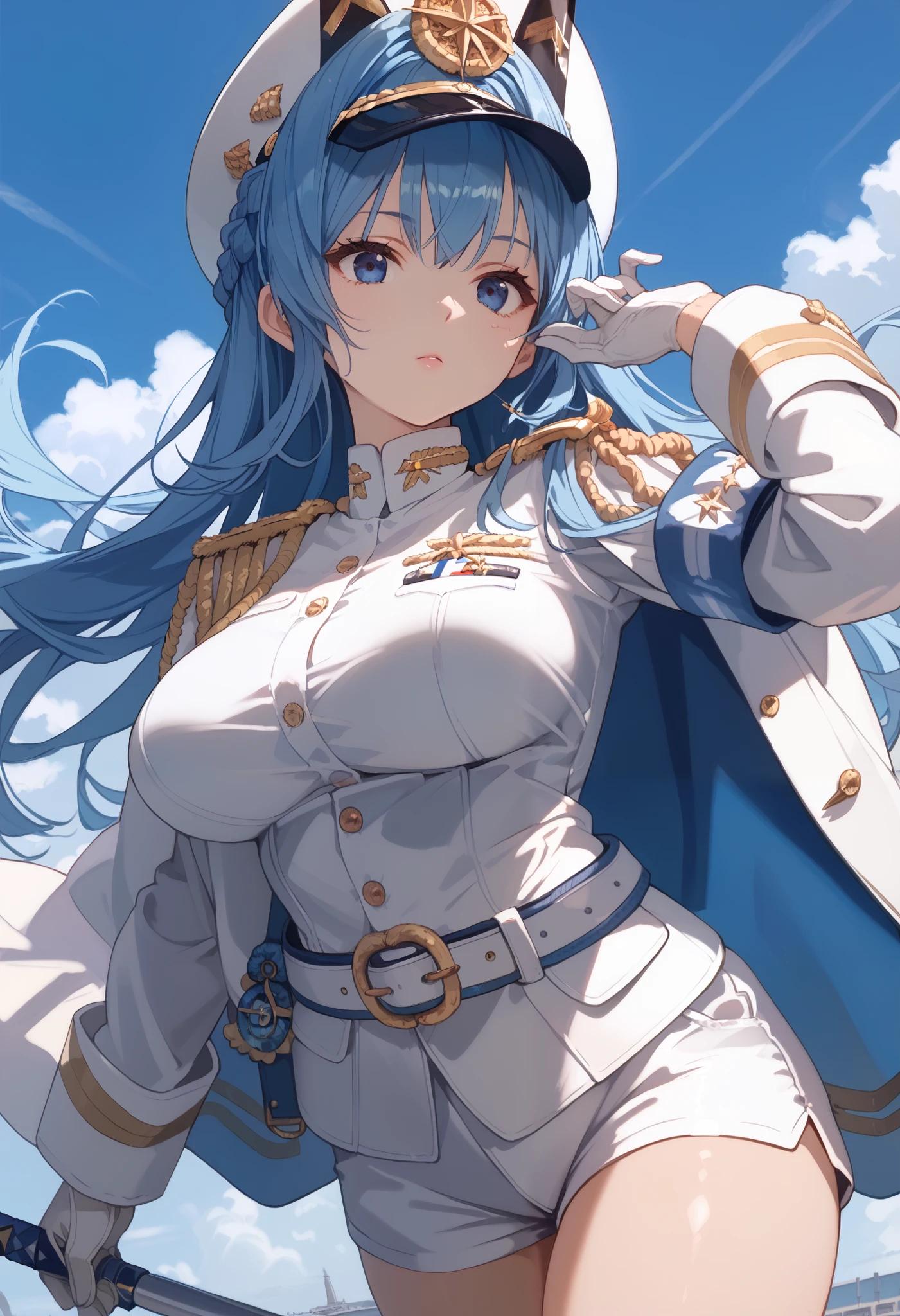 score_9, score_8_up, score_7_up, source_anime BREAK 1girl, solo,helmdef, blue hair, long hair, braid, hair intakes, peaked cap, blue eyes, epaulettes, military uniform, white jacket, armband, white gloves, belt, white shorts, thighs, large breasts