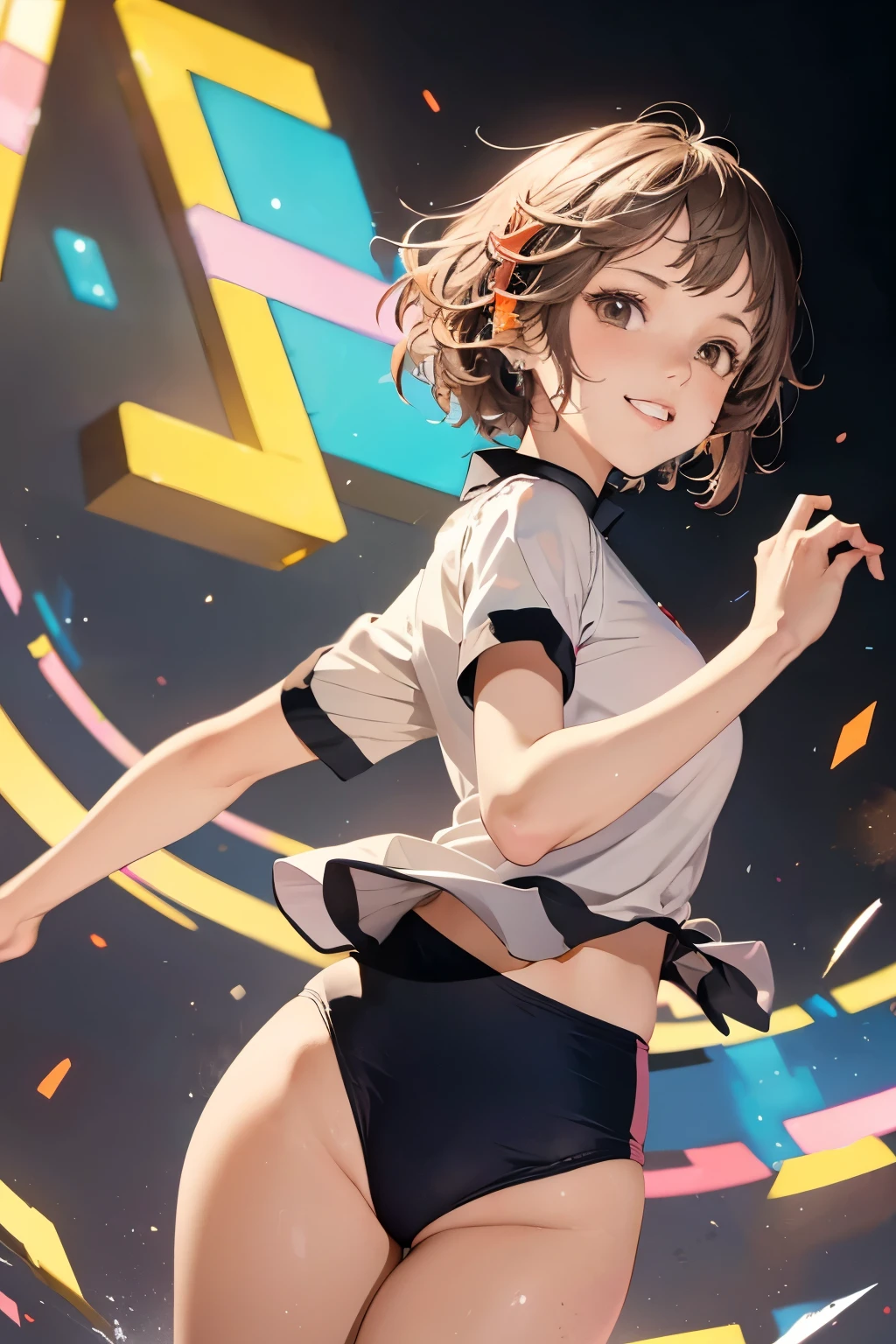 (masterpiece, Highest quality, Official Art:1.2), (colorful), Perfect Anatomy, Looking at the audience, One Girl, alone, White Background, floating colorful water, Ultra-fine illustrations, highly detailed, Dynamic Angle, beautiful detailed, 8K, break smiling amidst the colorful scenes, (Highest quality, masterpiece, High resolution, detailed), Anime Style, (Shining Eyes, detailed美しい顔), break,Dynamic Angle,wearing a Black gymnastics bloomers, High leg、red blouse, cowboy shot、 