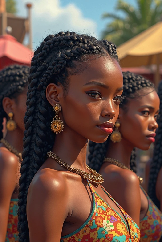 analog style, realistic, award-winning photo,(symmetric highly detailed eyes, fantastic eyes, intricate eyes:1.1), detailed background, full body, wi angle, 20 year old girl,  African American, dark skin, slender, halo braid,  large breasts, tiktok, beautiful, instagram