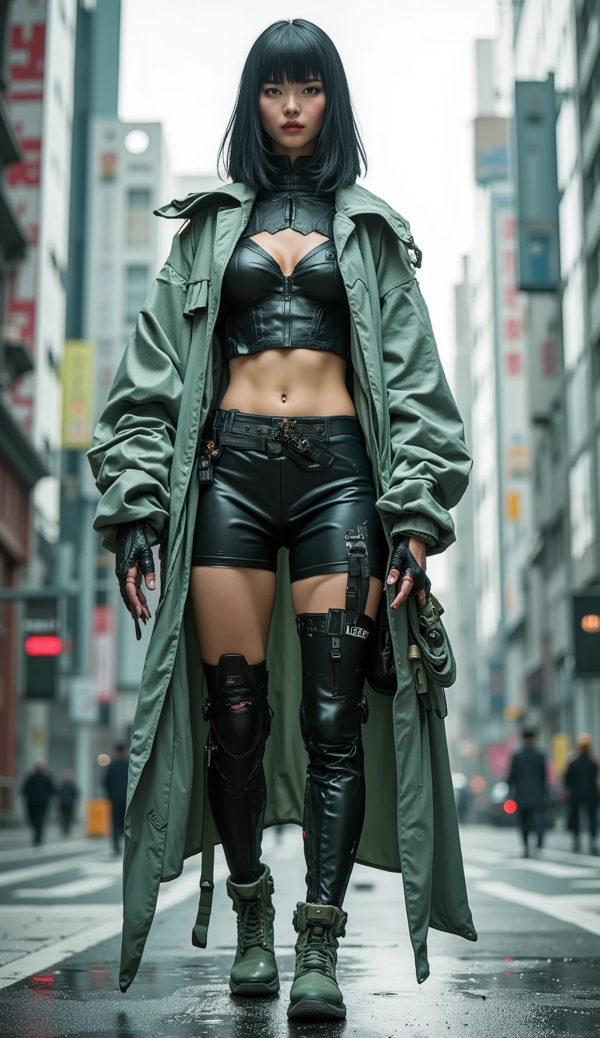 a beautiful fair-skinned Korean woman, black bob hair with straight bangs, large breasts, a V-neck top that leaves her belly exposed, a short grayish-green coat, black mini shorts, 7/8 stockings that mark her leg and boots that are a high-top version of the ALL star in the same color as the coat, in a cyberpunk city of Blade Renner 2049
