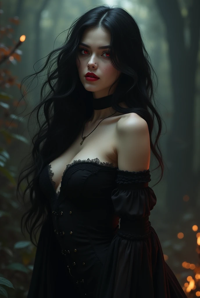 realistic, a photo of a beautiful gothic horror woman in a black lake, beautiful woman, cheerful face, hair ornament, unsettling horror, professional, (Extremely detailed: 1.2), glow effects, goddesses, intricate details, sharp focus, dramatic, photorealistic, tribal village, wooden village, burning forest background, sharp contrast, many colors, large breasts, neckline, princos and cord, Lipstick and Gothic makeup, Langerie with lace