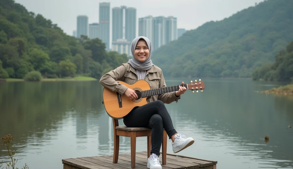 Best quality,20 year old beautiful korean hijab woman, eyes look at camera,pretty face,beautiful body.senyum tipis,hijab , wearing a hijab, hoodie, celana jins panjang.and play folk guitar. standing on the top of the mountain.
INFORMATION