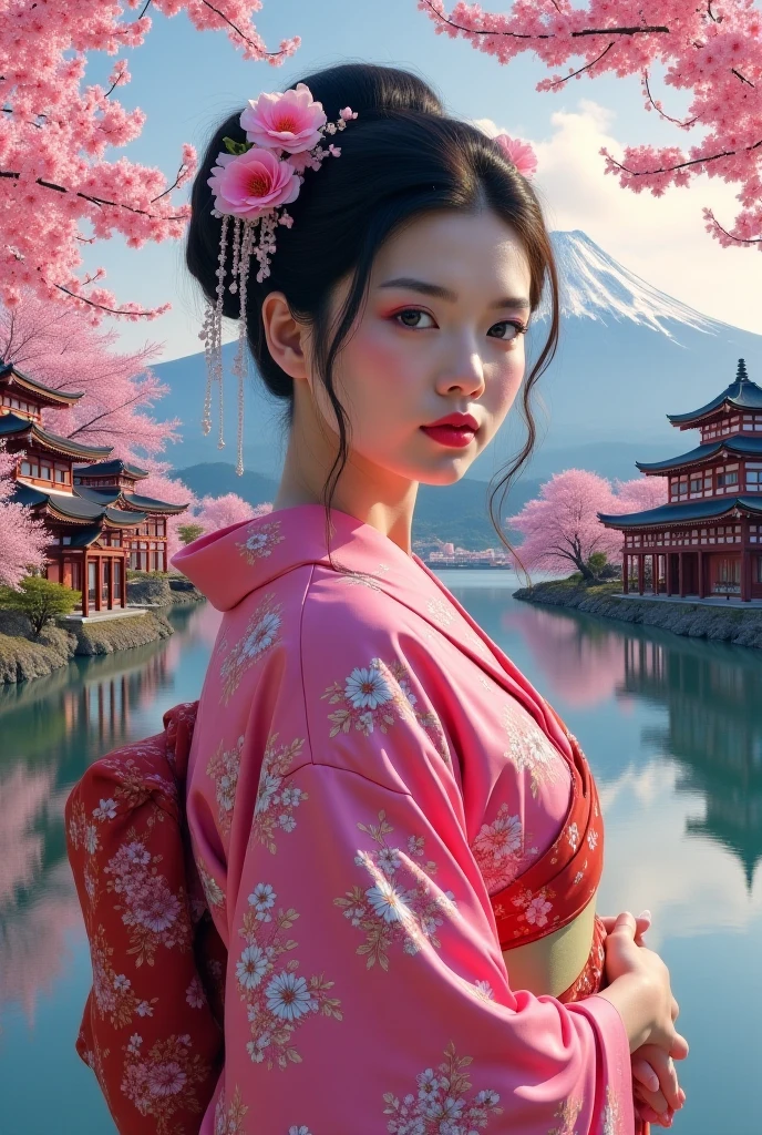 An alluring beautiful woman in a tranquil Japanese garden during cherry blossom season, depicted in a Baroque style, blending natural beauty with dramatic, ornate details. Photo realistic