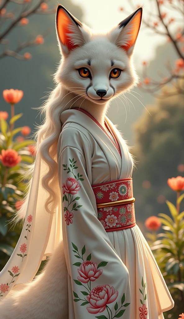 Beautiful female fox spirit、Detailed facial features、Long eyelashes、Traditional Japanese elegant kimono、Detailed kimono texture、Flowing Hair、peacefulness、Photorealistic cinematic lighting、Fantastic landscape、Shining Aura、Exquisite detail、Vibrant colors、Digital Art、Concept Art Style